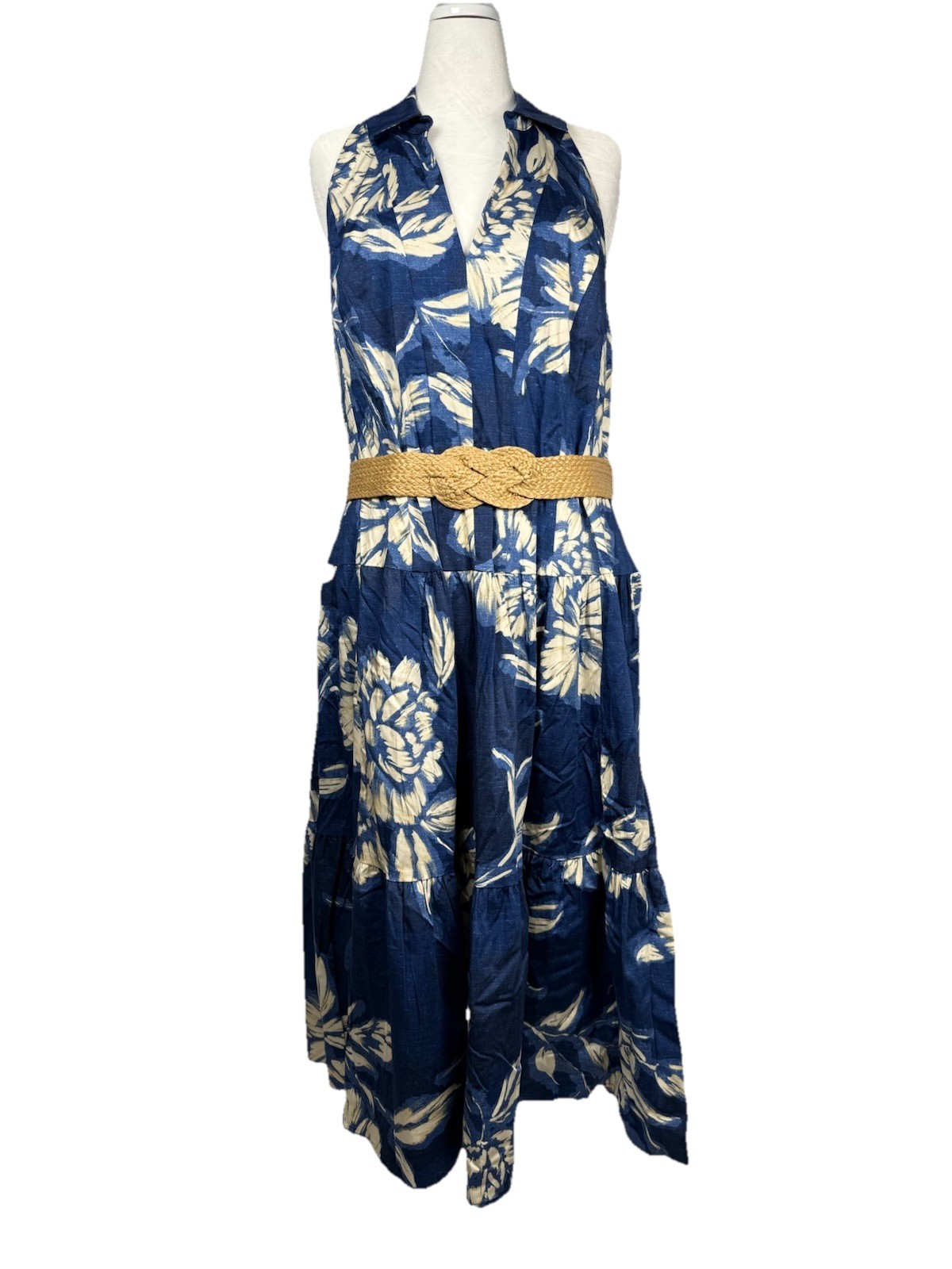 Donna Karan New York 18W Blue Floral Halter Midi Dress Belted Cotton