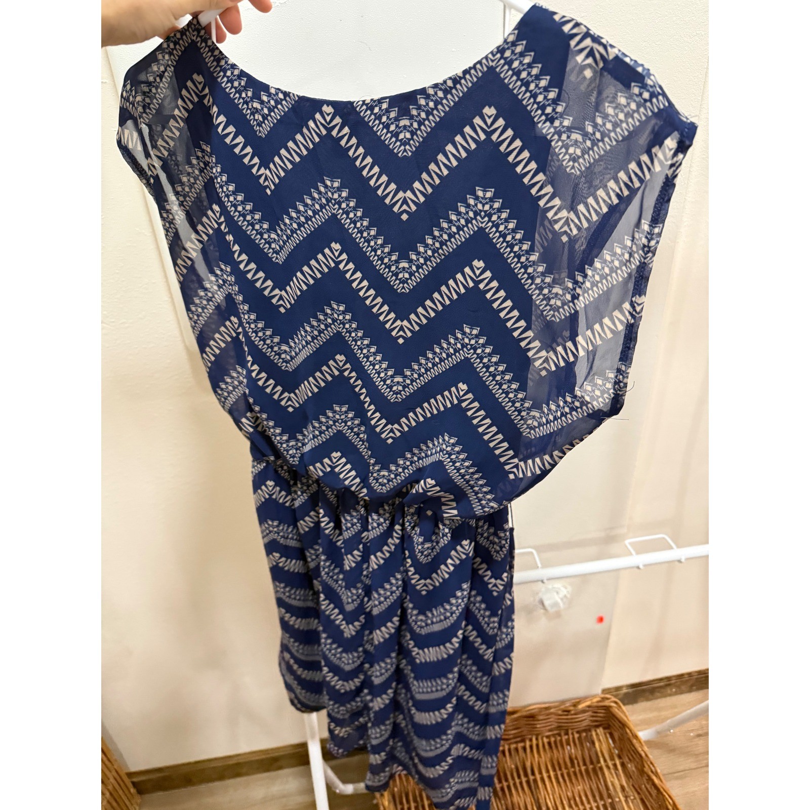 Lily Rose Navy Blue White Geometric Chevron Chiffon Mini Dress Y2K Womens Medium