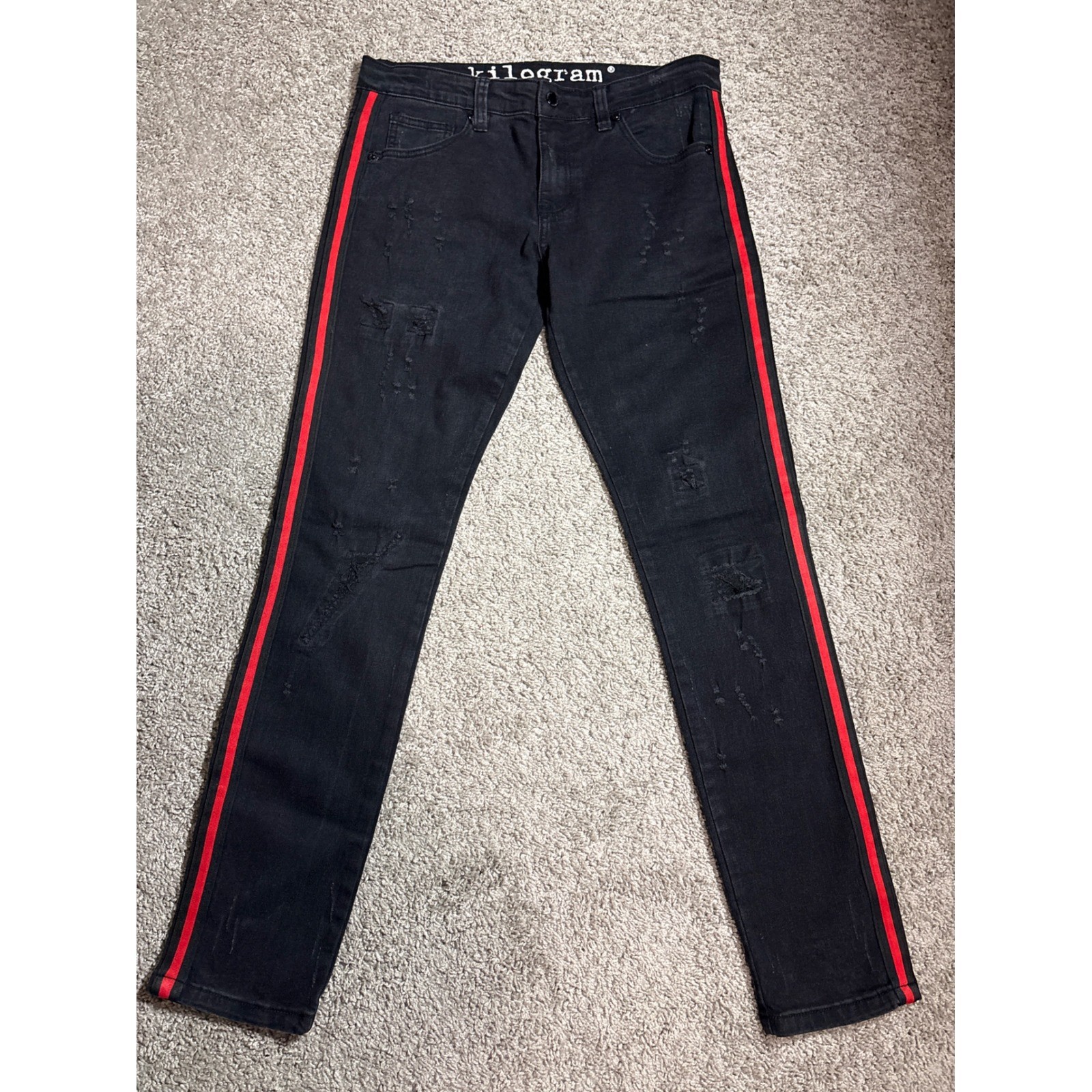 Kilogram Mens Black Distressed Skinny Jeans Red Side Stripe Size 34 Streetwear