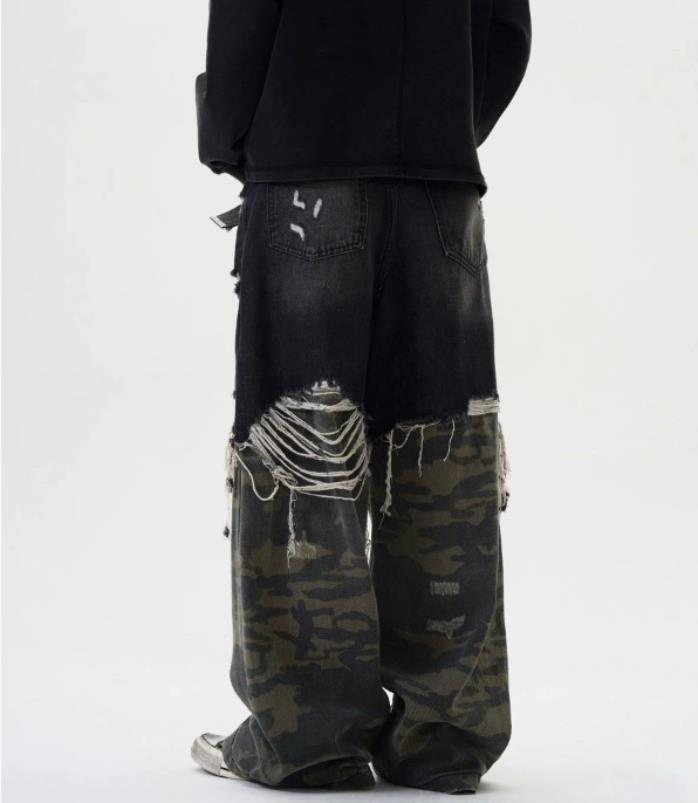 Men Black Camouflage Mixed Denim Jeans Straight Leg Casual Punk Hip Hop Trousers