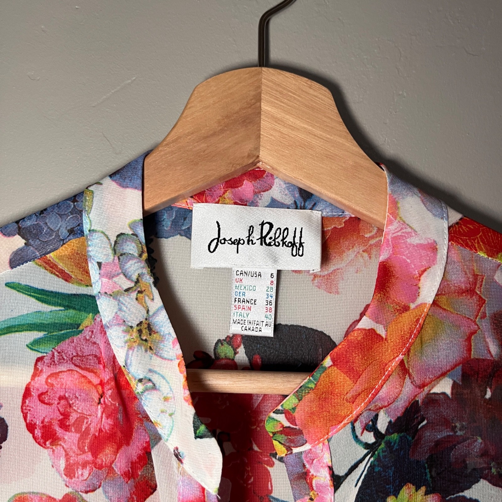 90’s Joseph Ribkoff 3/4 Button Up Sheer Floral Womens Blouse, size 6