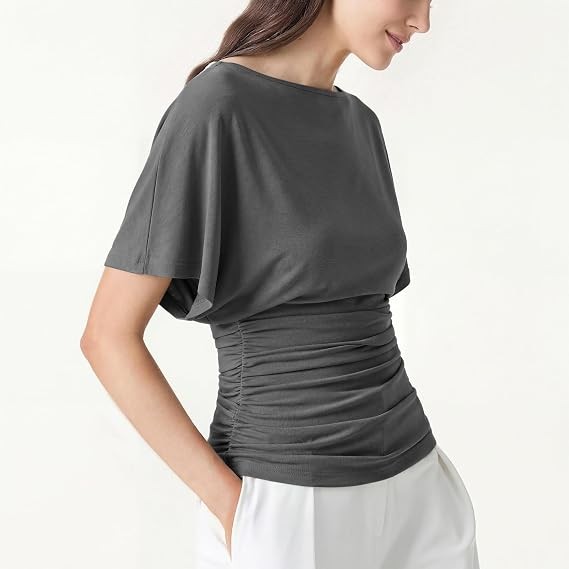 OGL x Sandwashed Effortless Boatneck Batwing Sleeve Side Ruched Top, Shadow