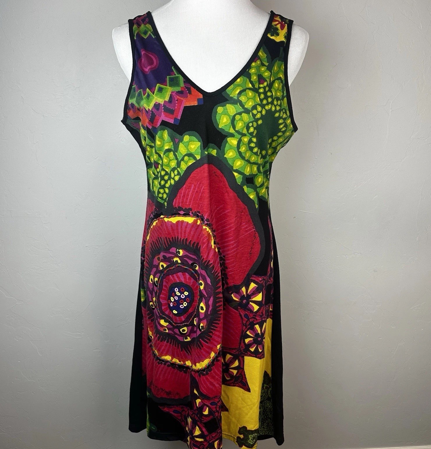 Desigual Womens XL Sleeveless Marise Dress Colorful Floral Embroidered Boho