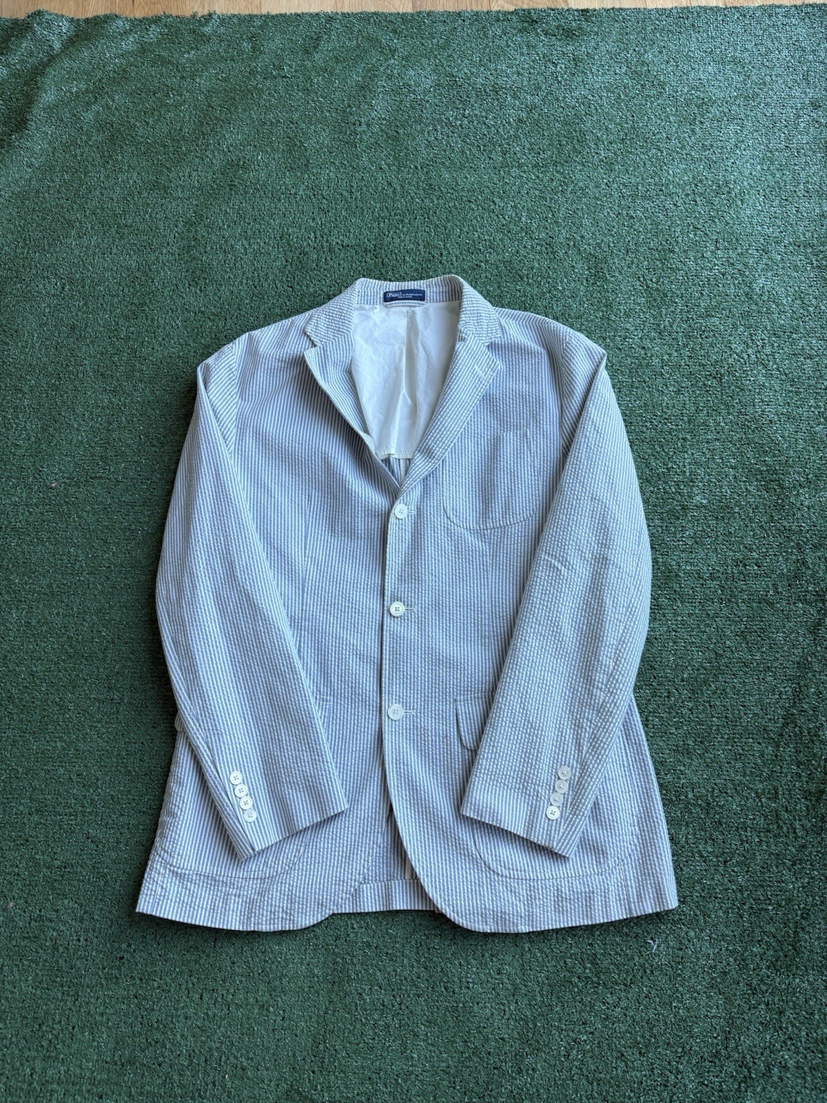90s Polo by Ralph Lauren Men’s Seersucker Striped Blazer Blue/White 48R