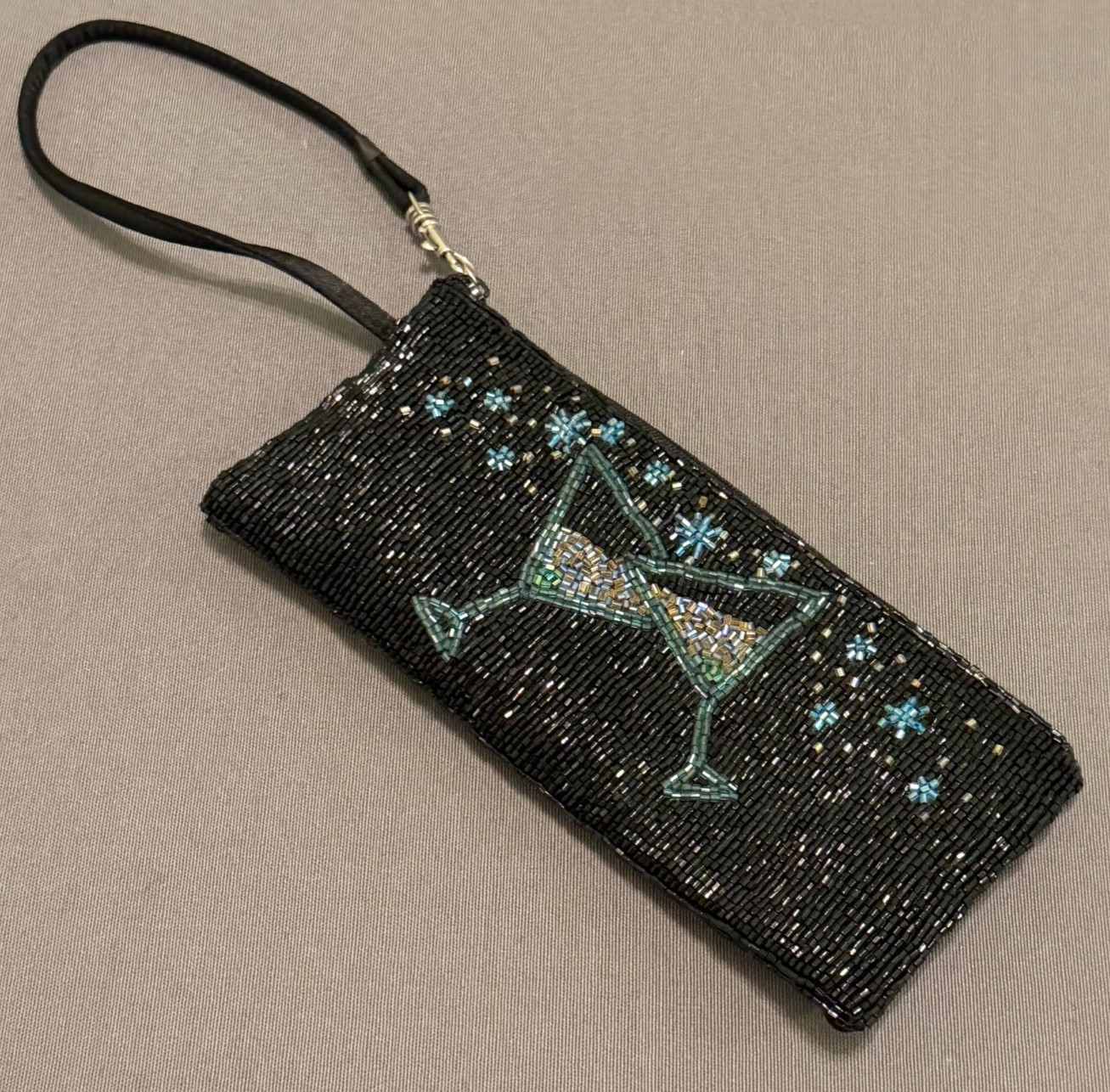 Vtg Liz Claiborne Black Beaded Wristlet Bag Martini Glasses Party 8.25×3.5 in