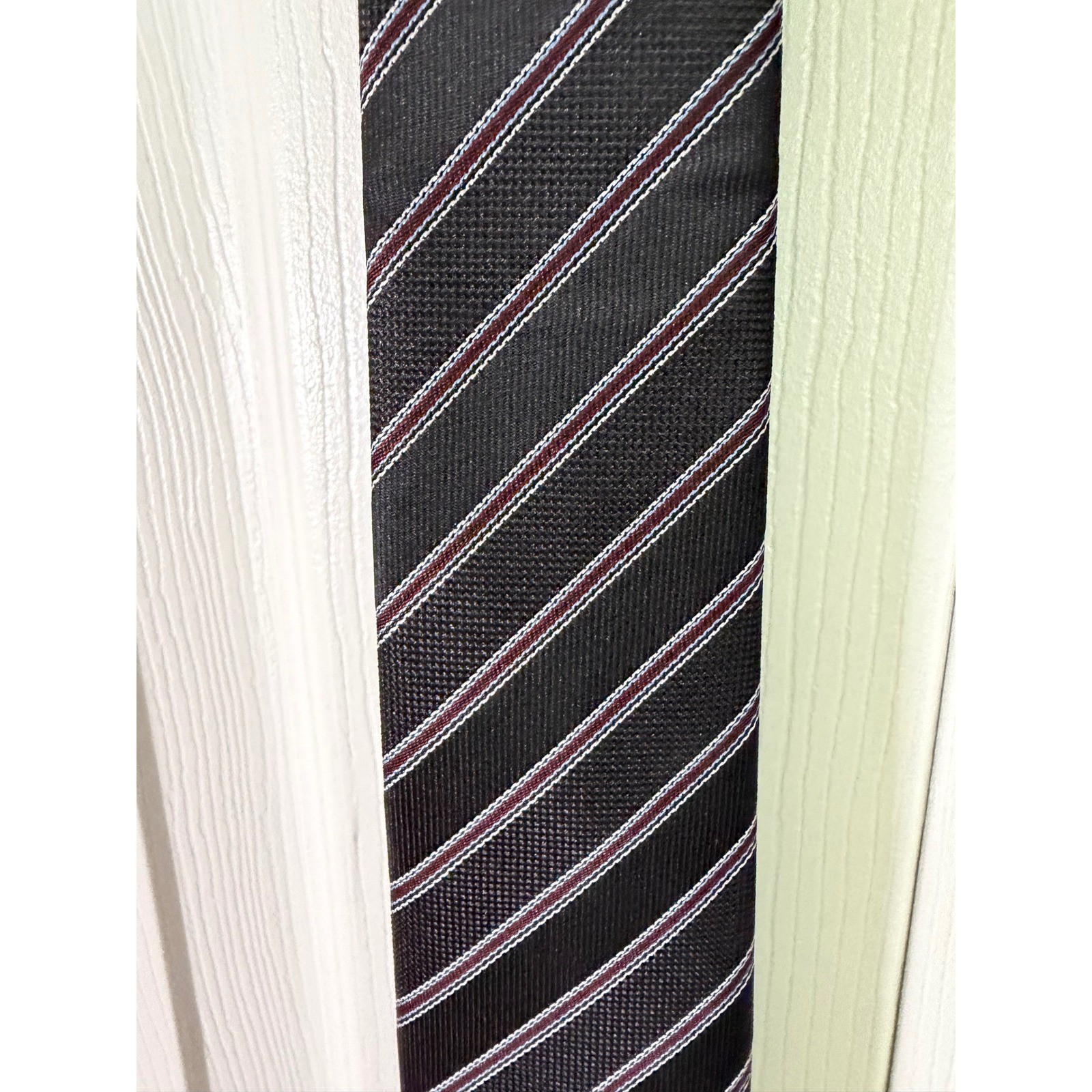 WeiShang Mens Silk Necktie Black Burgundy White Diagonal Stripe Handmade Tie