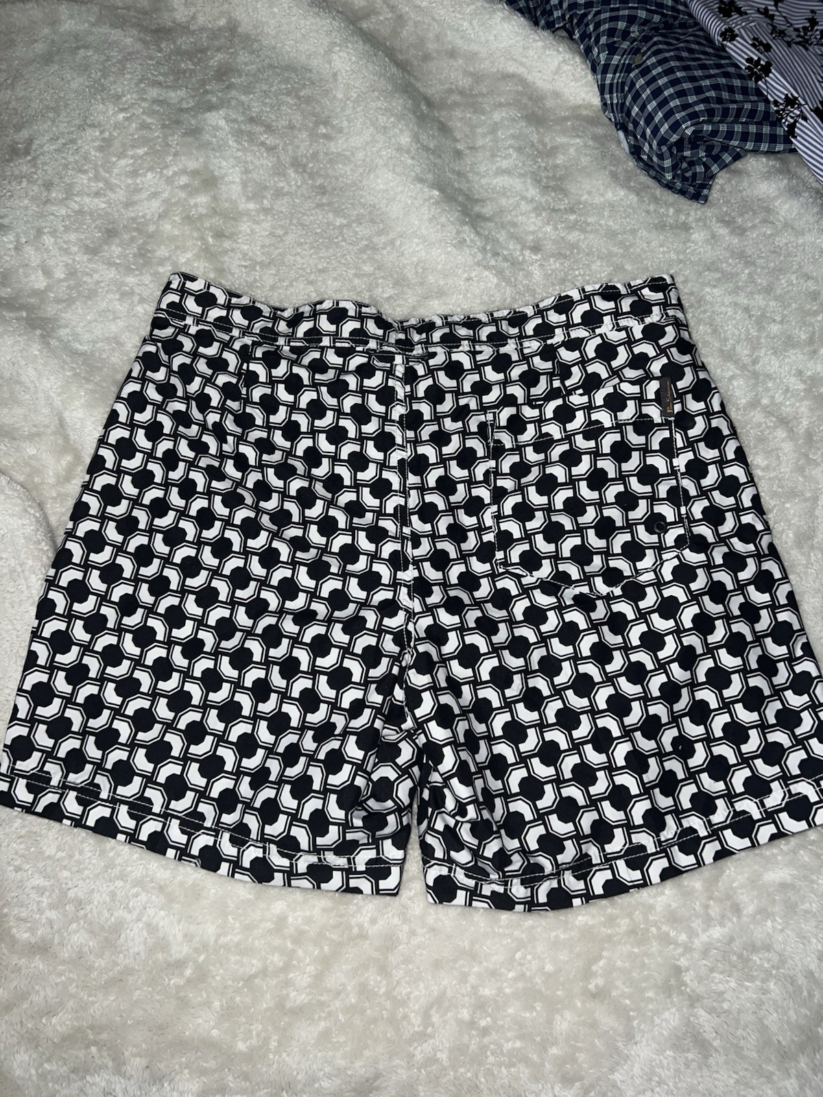 Ben Sherman Men’s Geometric Swim Shorts Drawstring Pockets Black/White W32