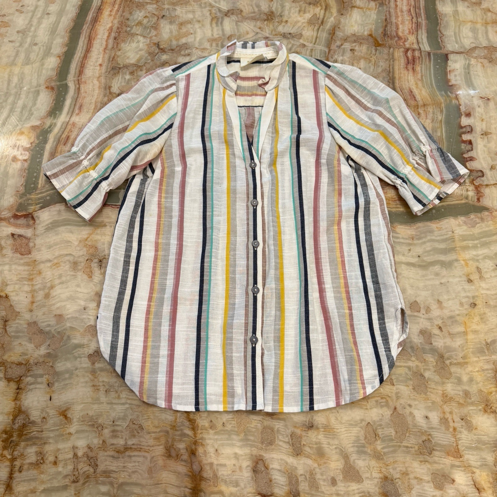 Maeve Anthropologie Striped Linen Blend Button Front Popover Blouse Size 2