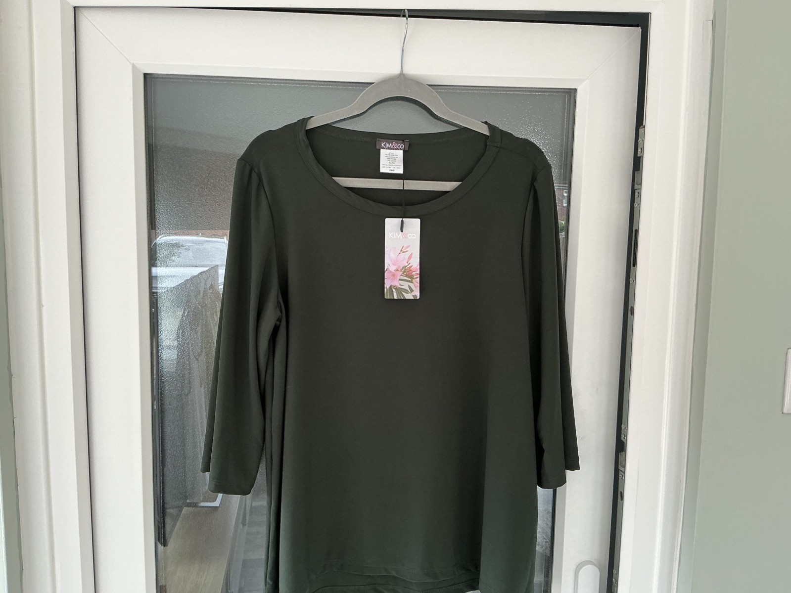 Kim & Co Brazil Jersey 3/4 Sleeve Wide Neck Top Size XL Thyme