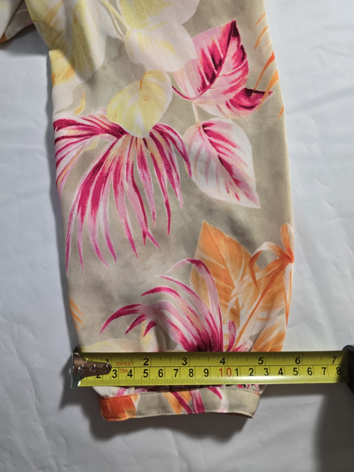 NYDJ Womens XS Tropical Palm Print Blouse Orange Pink 3/4 Sleeve Pleated V-Neck