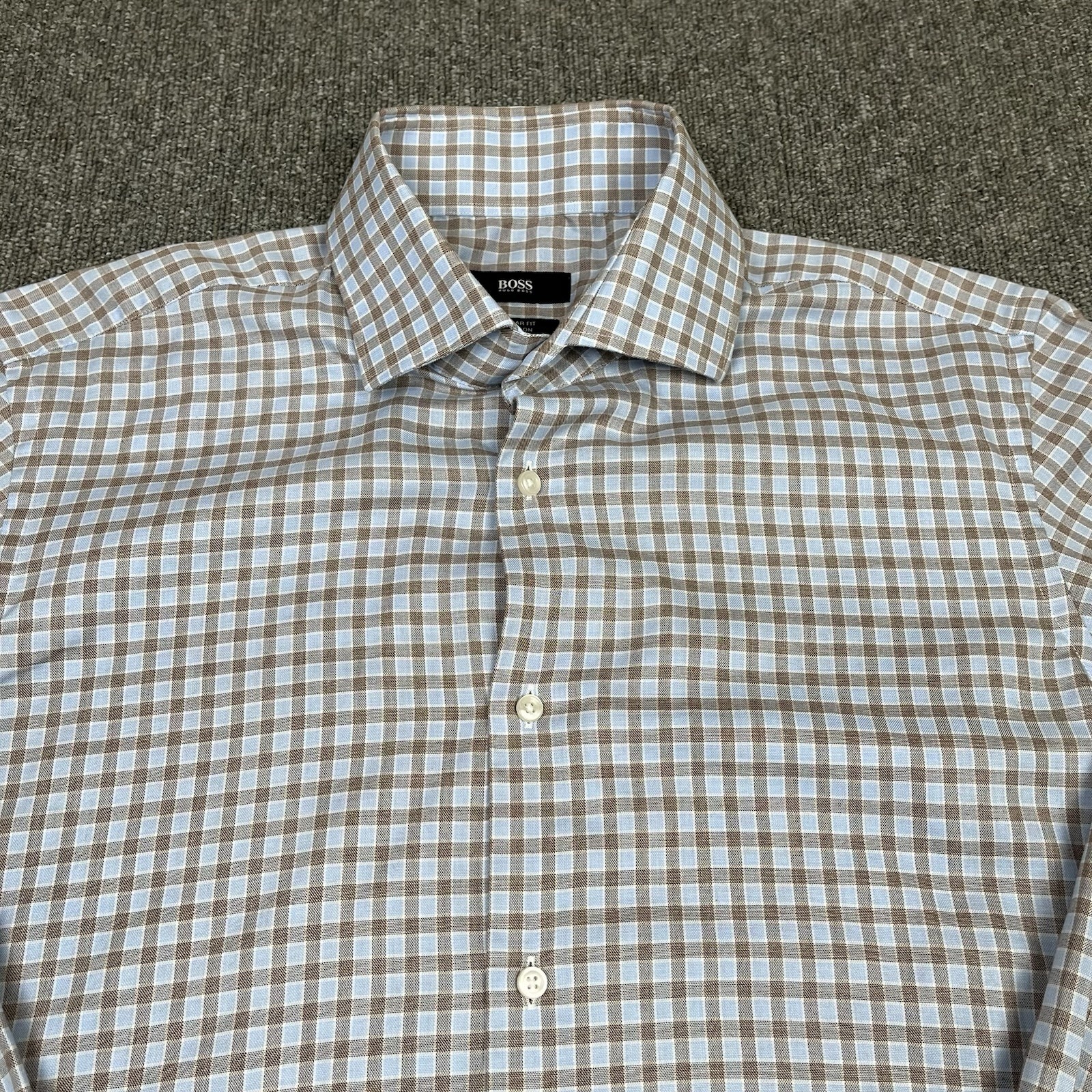 Hugo Boss Shirt Mens 40 Blue Check Gerald Regular Fit Barrel Cuff Easy Iron