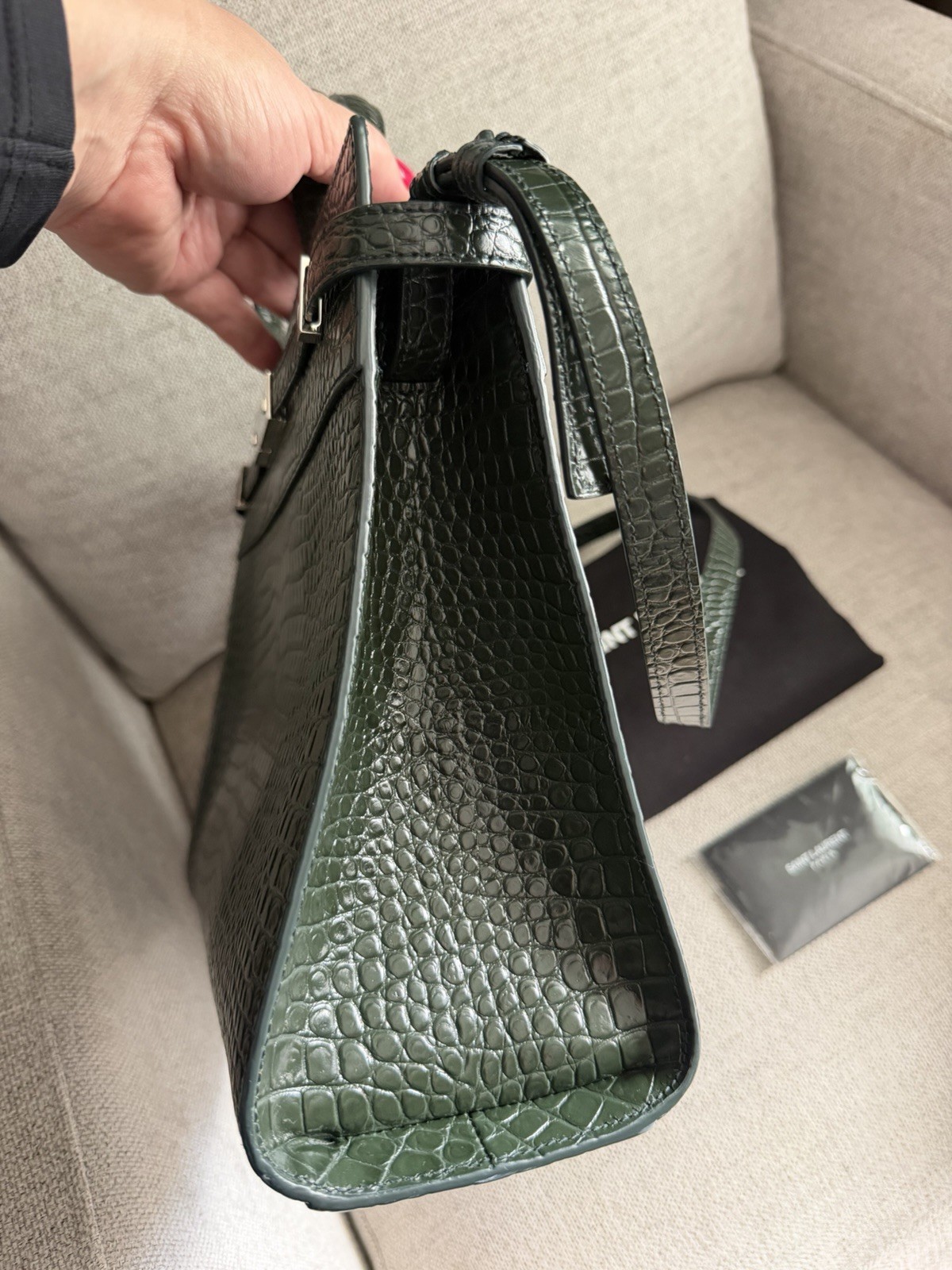 SAINT LAURENT Small Manhattan Green Silver Embossed Leather Bag Shoulder Strap
