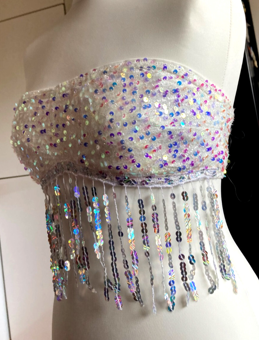 BNWT Ladies SHEIN SXY Strapless TASSELLED Hem Sheer SEQUIN Tassels Party Top S