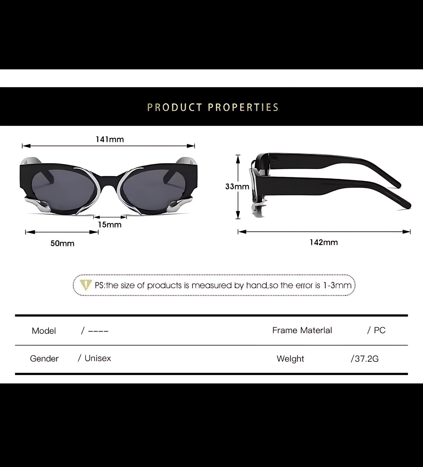 Unisex Retro Black Rectangle Sunglasses with Silver Horn Metal Accents – 141mm