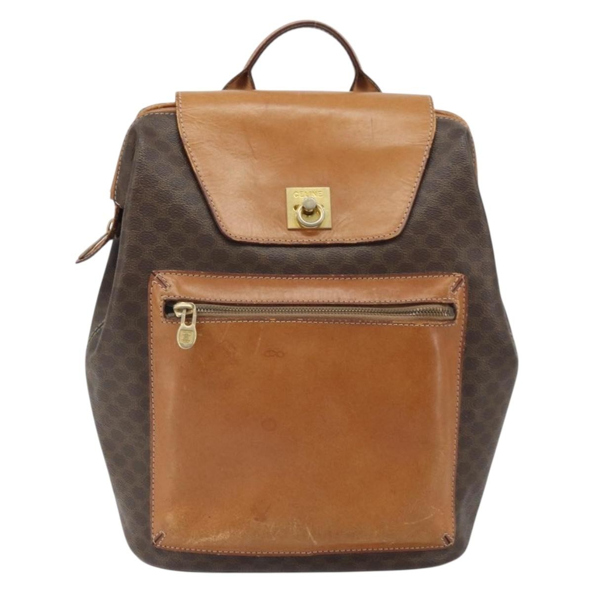 CELINE Macadam Canvas Backpack PVC Leather Brown Gold Auth 169840