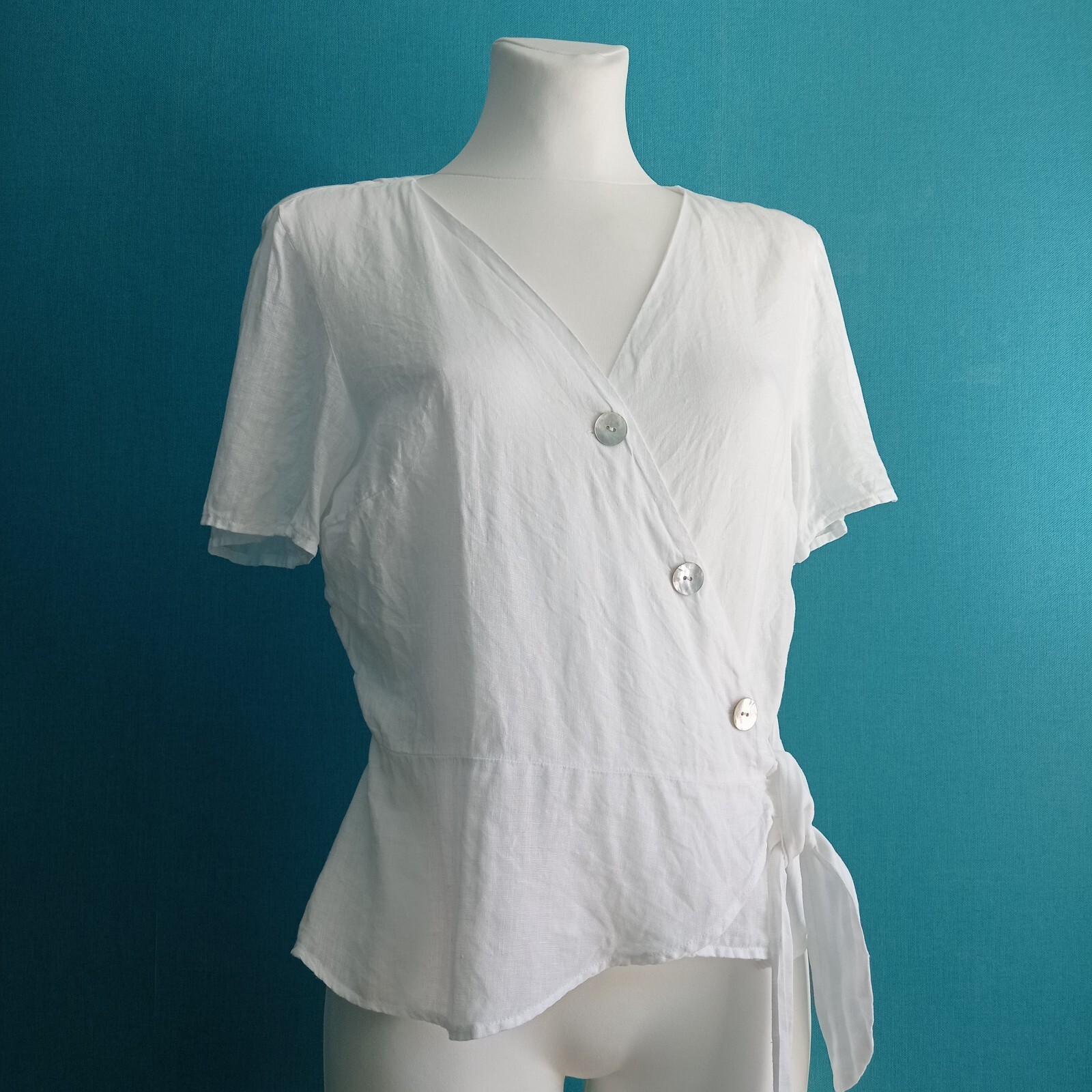 H&M Women’s White 100% Linen Wrap Blouse | Short Sleeve Size US 8