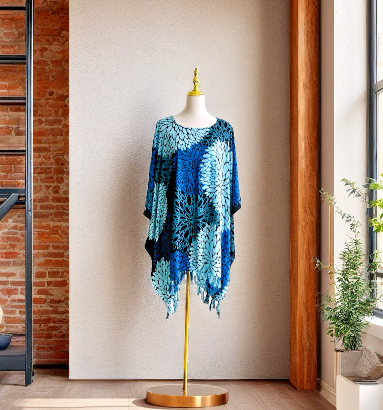 0156/ Floral Rayon Poncho with Fringed Hem, Boho Kaftan Top, Swim Cover up
