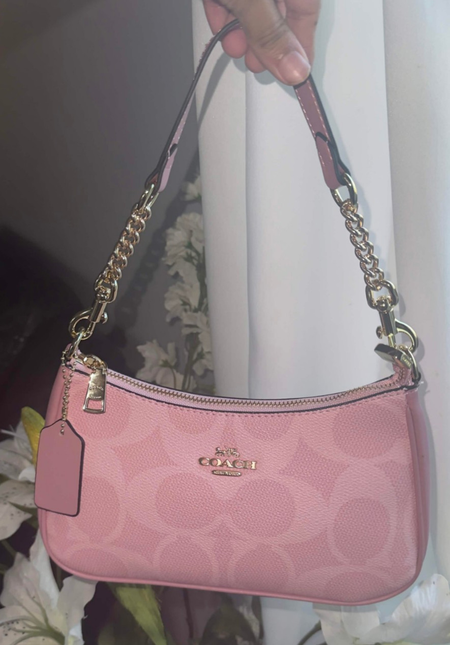 Coach Teri Shoulder Crossbody Bag Pink Signature Canvas Gold Hardware Purse