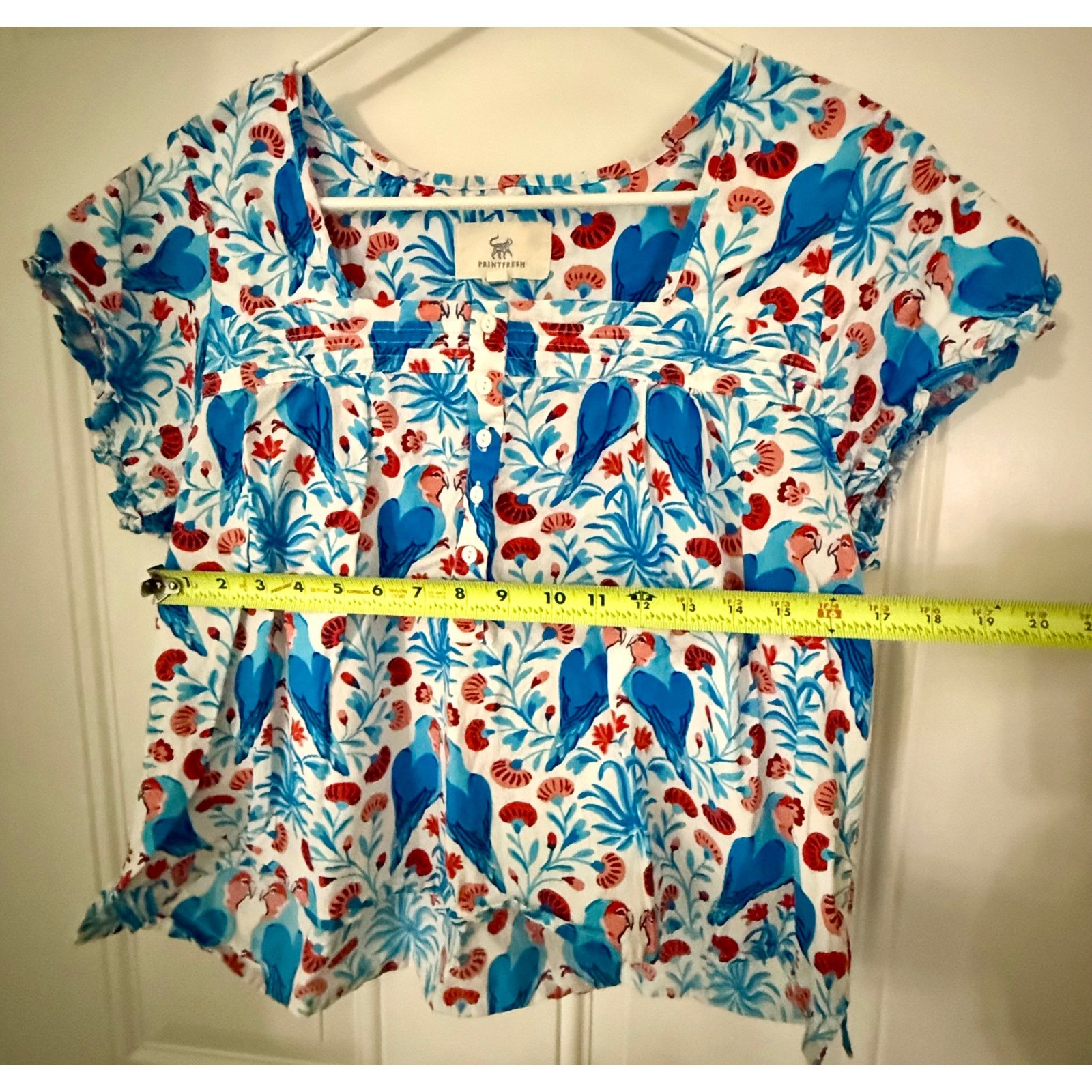 Printfresh Parrot Print Top Large Excellent Blue Tropical Floral Button Front