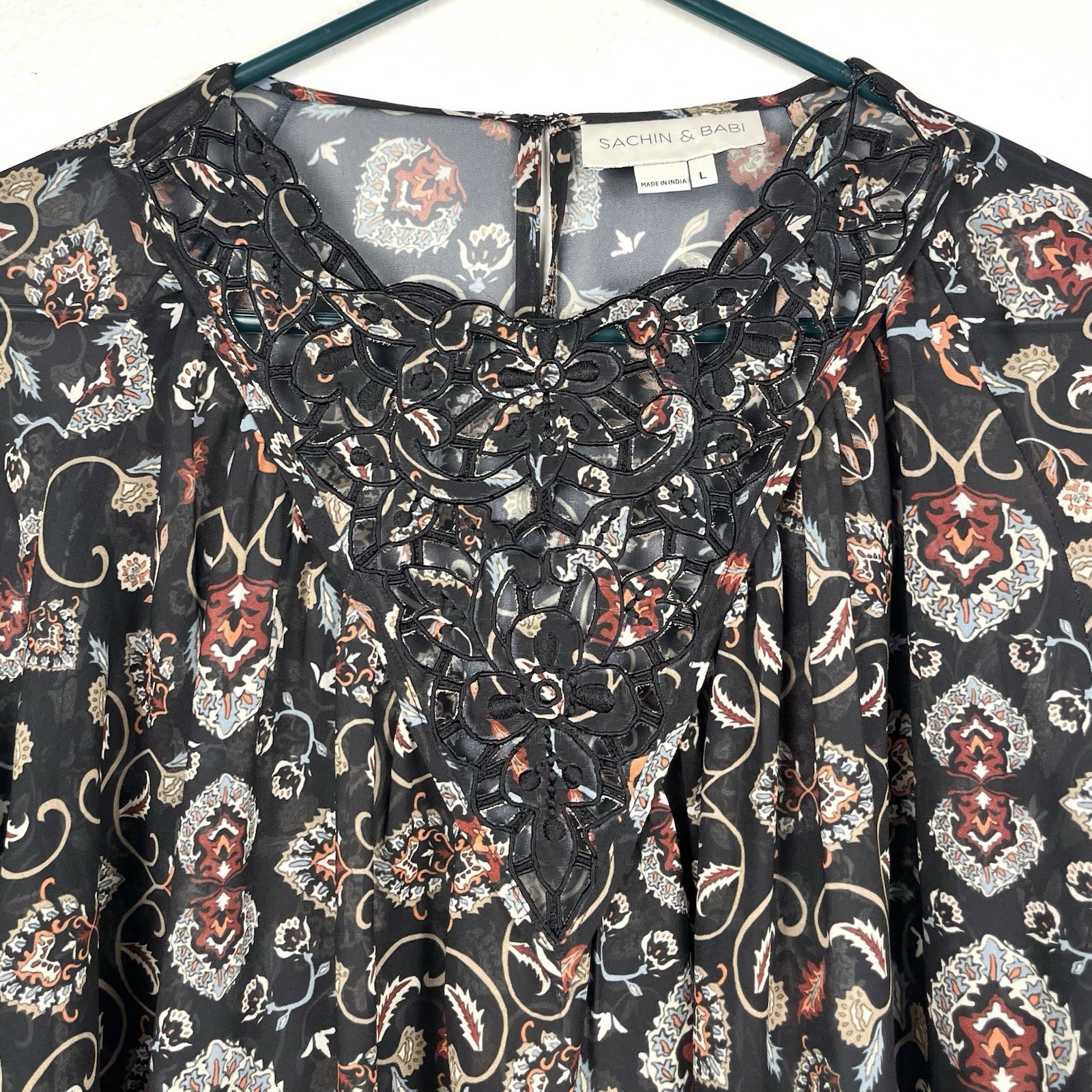 Sachin + Babi Large Paisley Lace Embroidered Chiffon 3/4 Sleeve Blouse Top