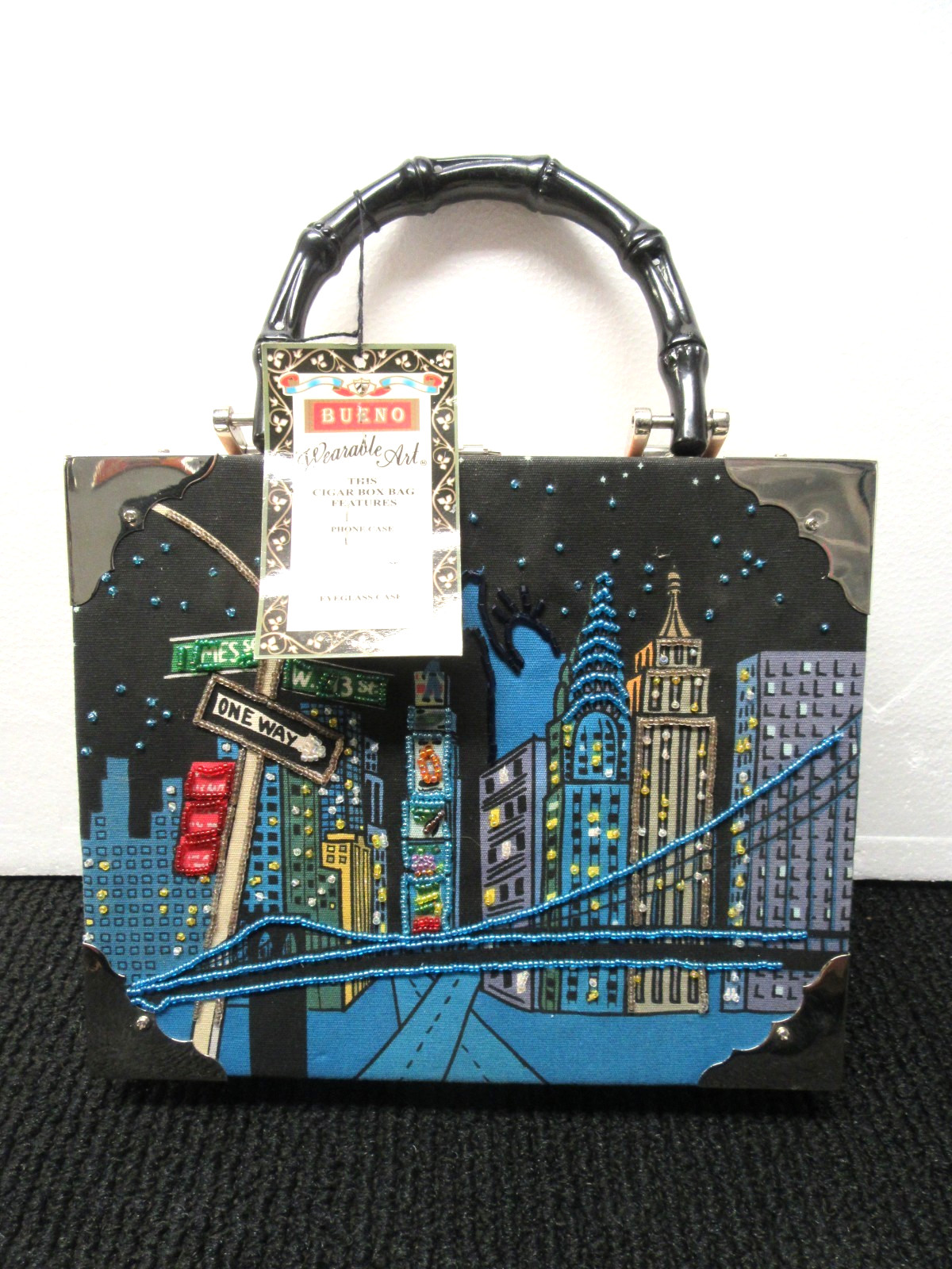 Cigar Box Purse “Bueno” 9″ x 8″ NYC Skyline w/Lining & Accessories See Pics!!