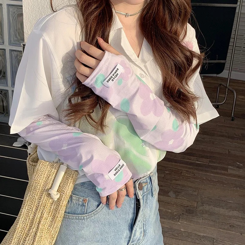 Summer Sun Protection Arm Sleeve for Women Butterfly Flower Ice Long Sleeve UV R
