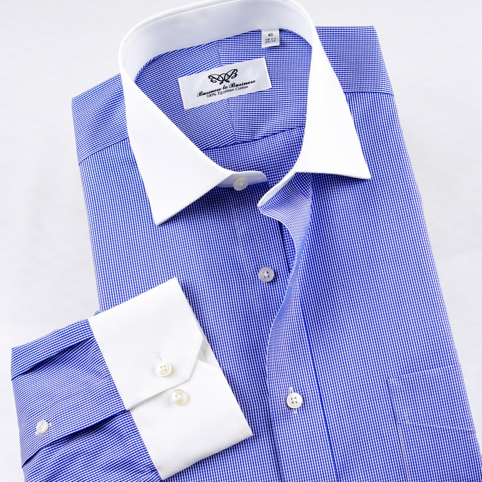 Mens Blue Gingham Contrast Double Ply 80’s Fine Wevon Formal Business Shirts
