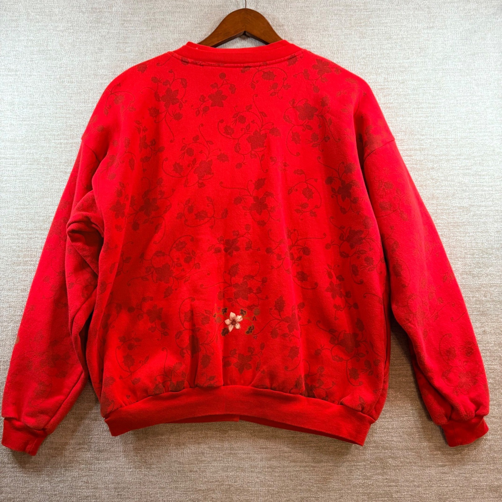 Vintage Granniecore Red Floral Print Button Front Fleece Cardigan Sweatshirt LG