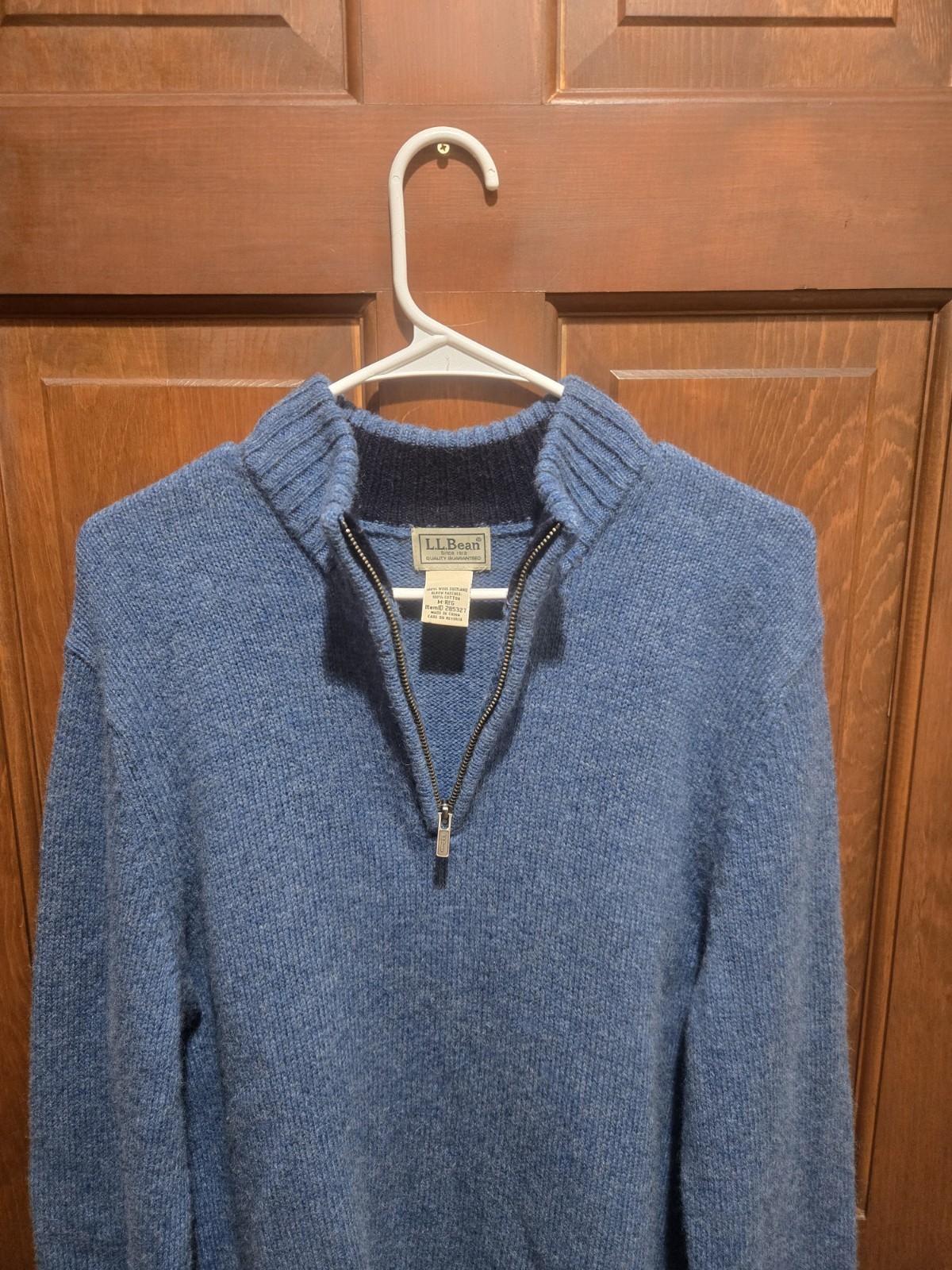 LL Bean Sweater Mens Medium Blue Shetland Wool Corduroy Elbow Patches 1/4 Zip