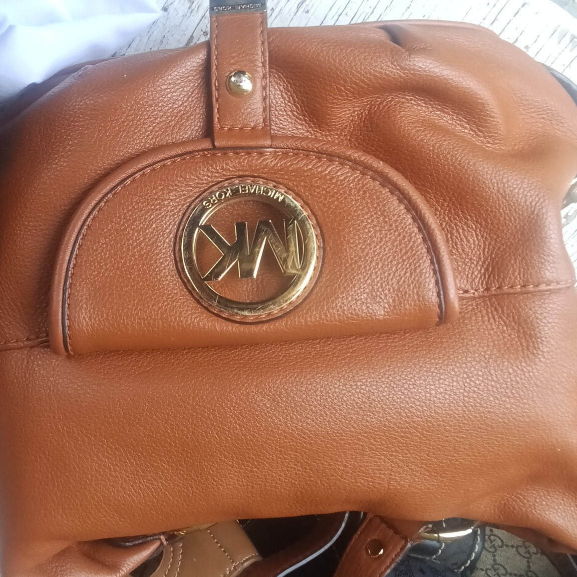Michael Kors Brown Pebbled Zip Shoulder Bag Gold Hardware Large Crescent