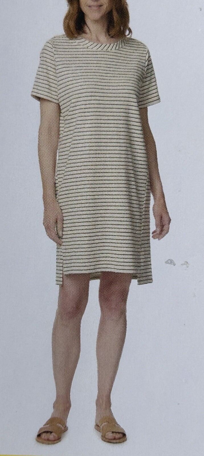 Buffalo Knit Striped Short Sleeve T-shirt Dress ~ Off White / Moss Green ~ Small