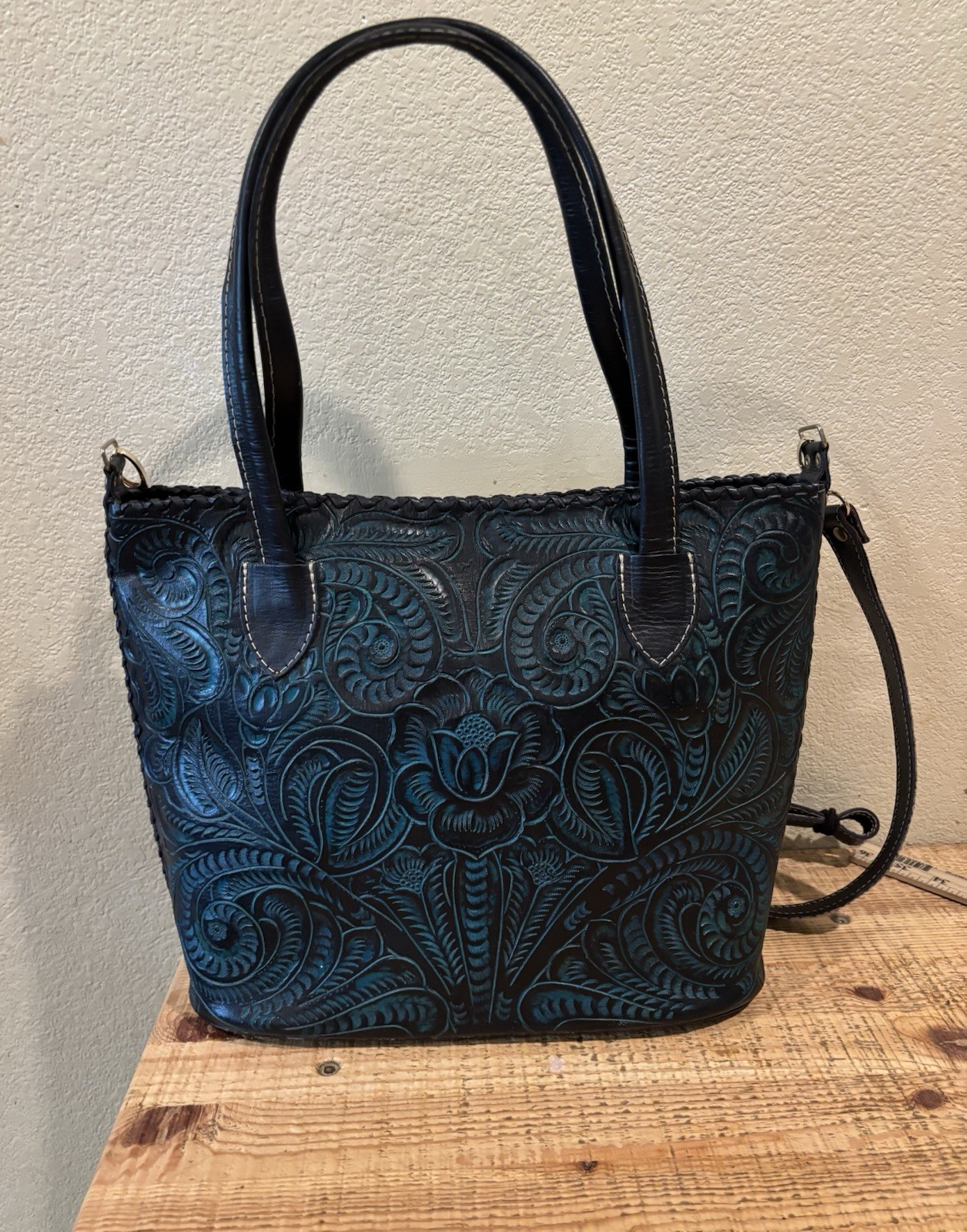 Tooled Floral Embossed Satchel Top Handle Bag Blue/Black Zip Gold Hardware