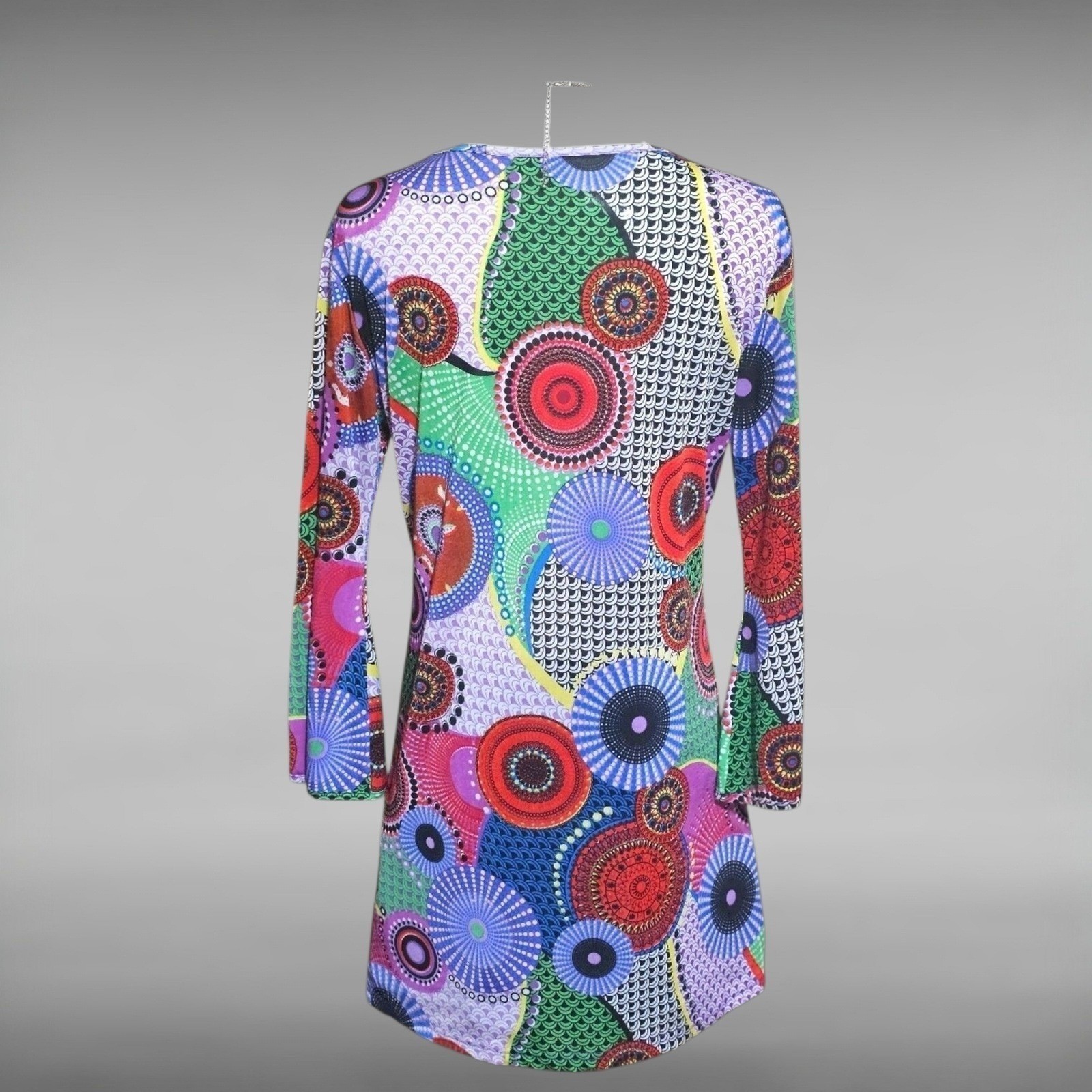 Psychedelic Retro Geometric Shift Mini Dress Long Sleeve Artsy Boho Womens M