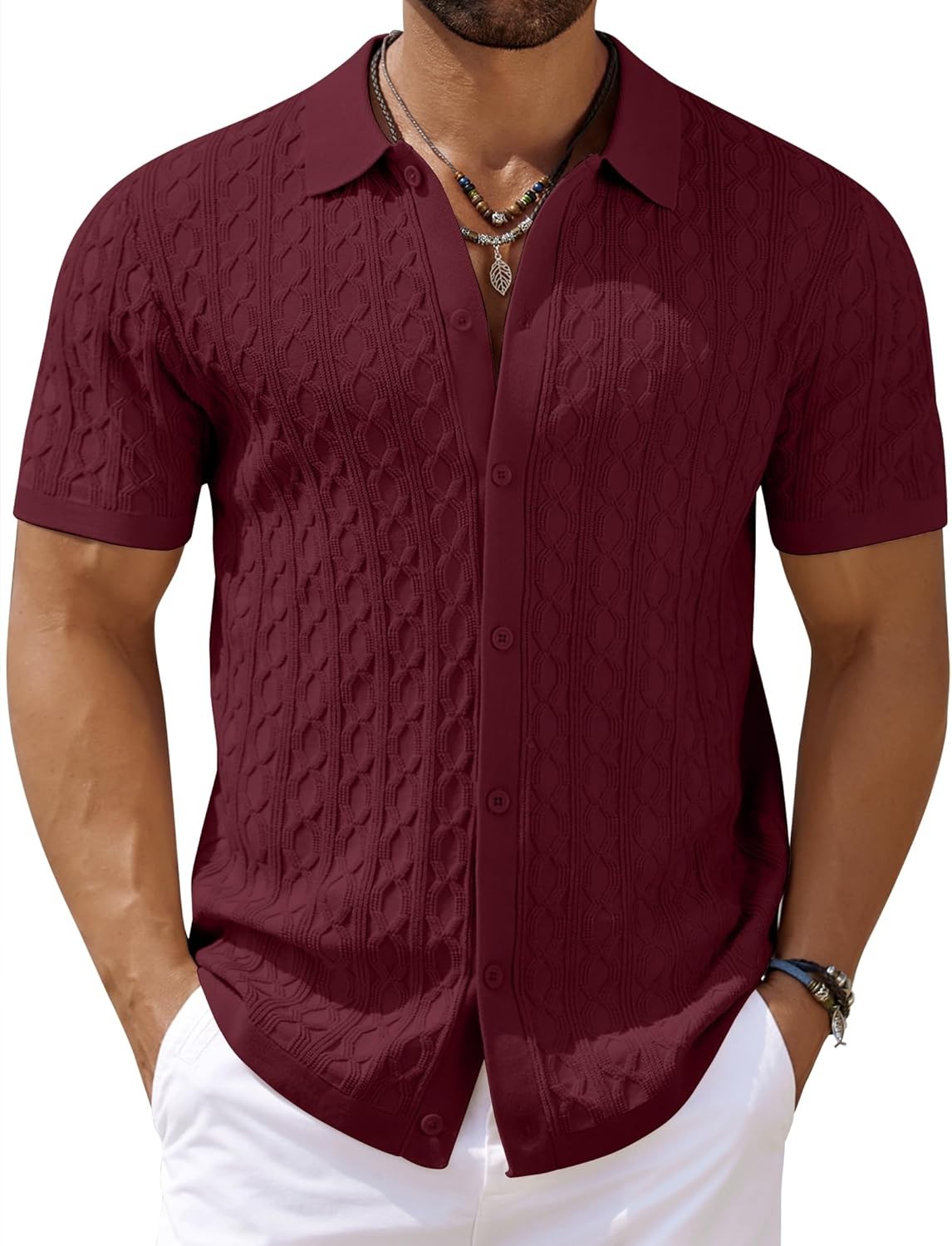 Men’s Knit Short Sleeve Shirts Button Down Vintage Knitted Polo Shirt