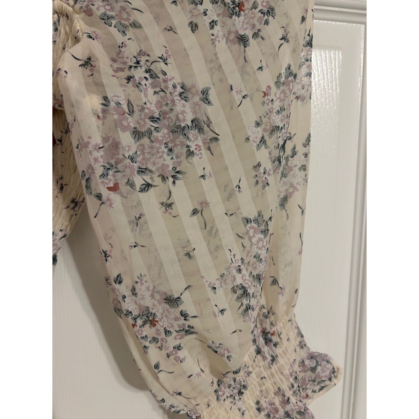 Collective Rack Floral Smocked Crop Top Cream Purple Sheer Balloon Sleeve Blouse