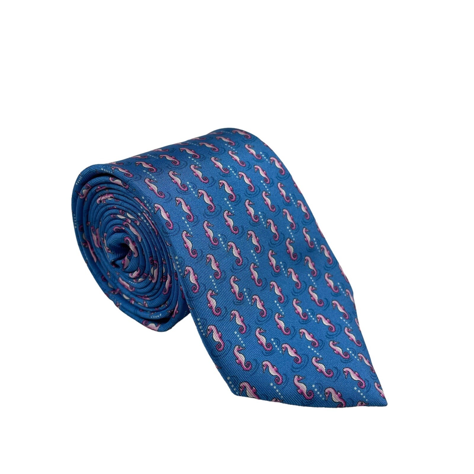 Battistoni Napoli Blue Pink Seahorse Pure Silk AOP Tie 3.25 Inch Width
