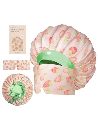 Pleated Silk Sleeping Bonnet with Eye Mask Double Layer Pink Green Strawberries