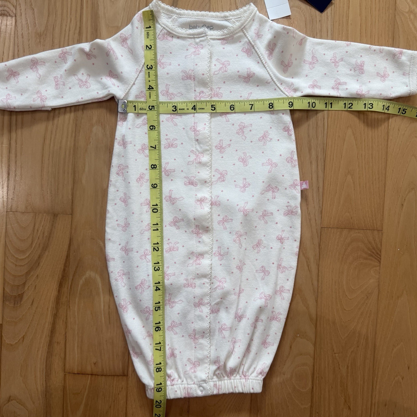 Baby Gap Convertible Infant Gown Pink Bows Fold Over Cuffs 100% Cotton 0-3M NWT