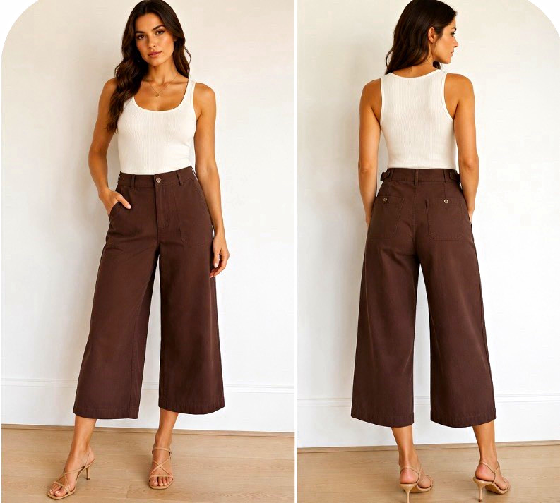 INSPR Women’s Brown High Rise Cropped Wide-Leg Utility Pants Canvas Pockets NWT