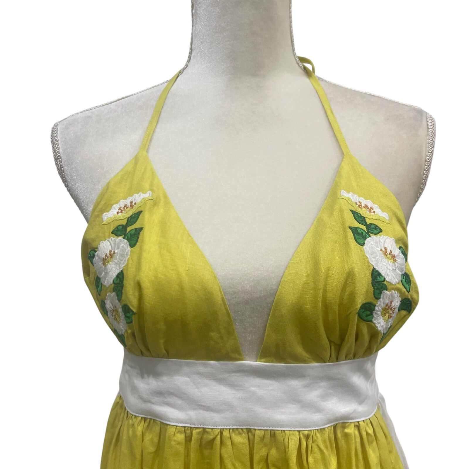 Fanm Mon Large Linen Yamile Floral Embroidered Halter Midi Dress Mustard Lime