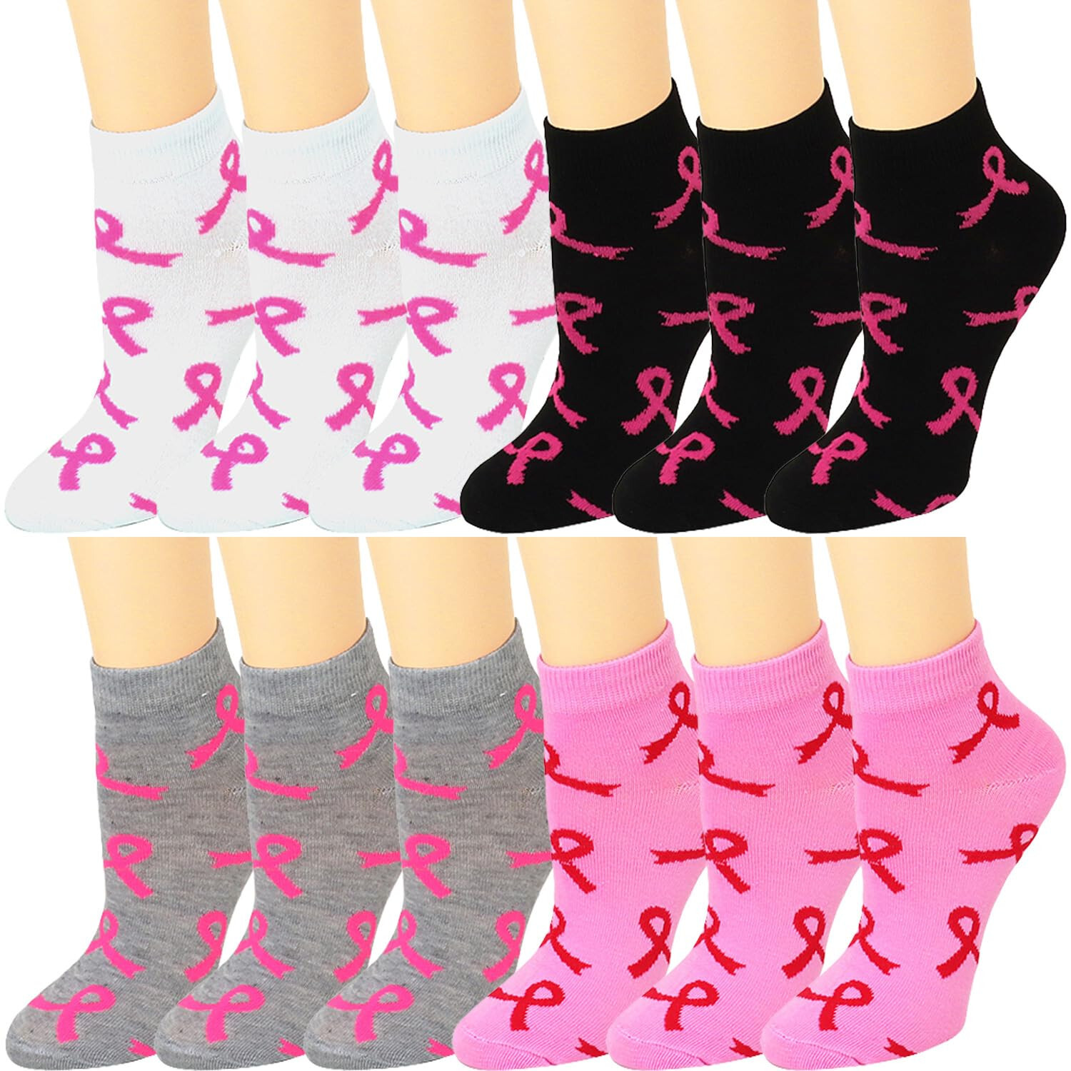 12 Pairs Assorted Color Pink Ribbon Breast Cancer Awareness Ankle Socks 9-11