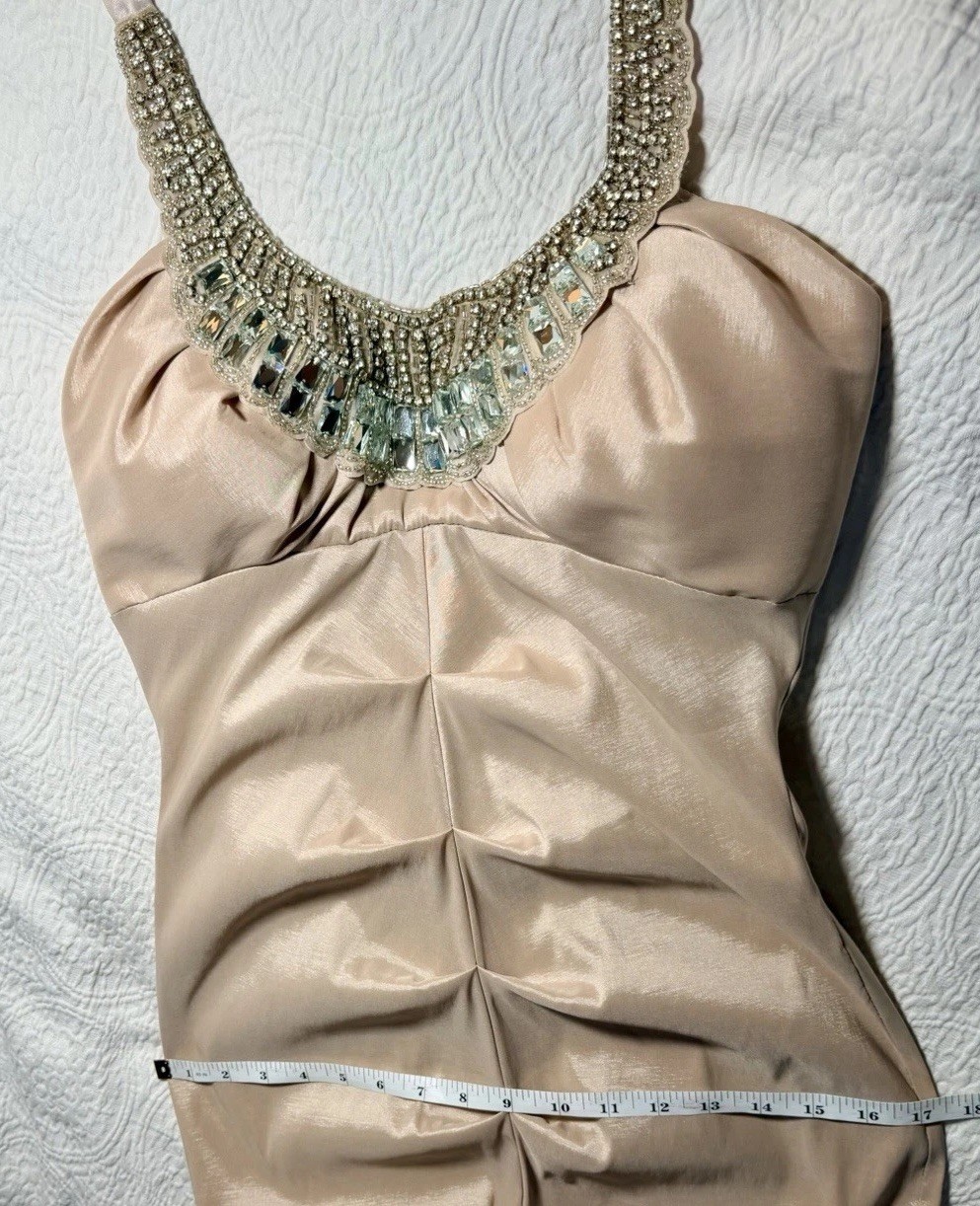Champagne Halter Mermaid Prom Evening Gown Beaded Neckline Ruched Bodice 5/6