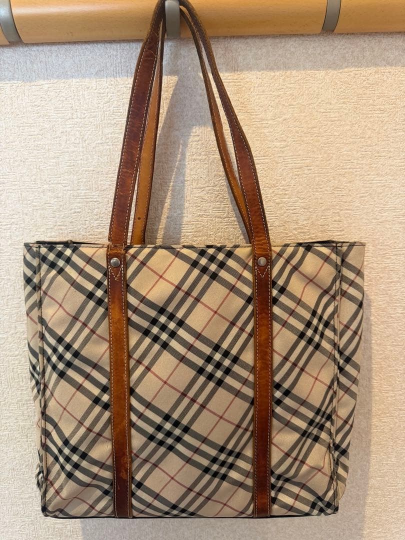 Burberry Nova Check Nylon Tote Bag Leather Handles Used, 8x11x11.4 in