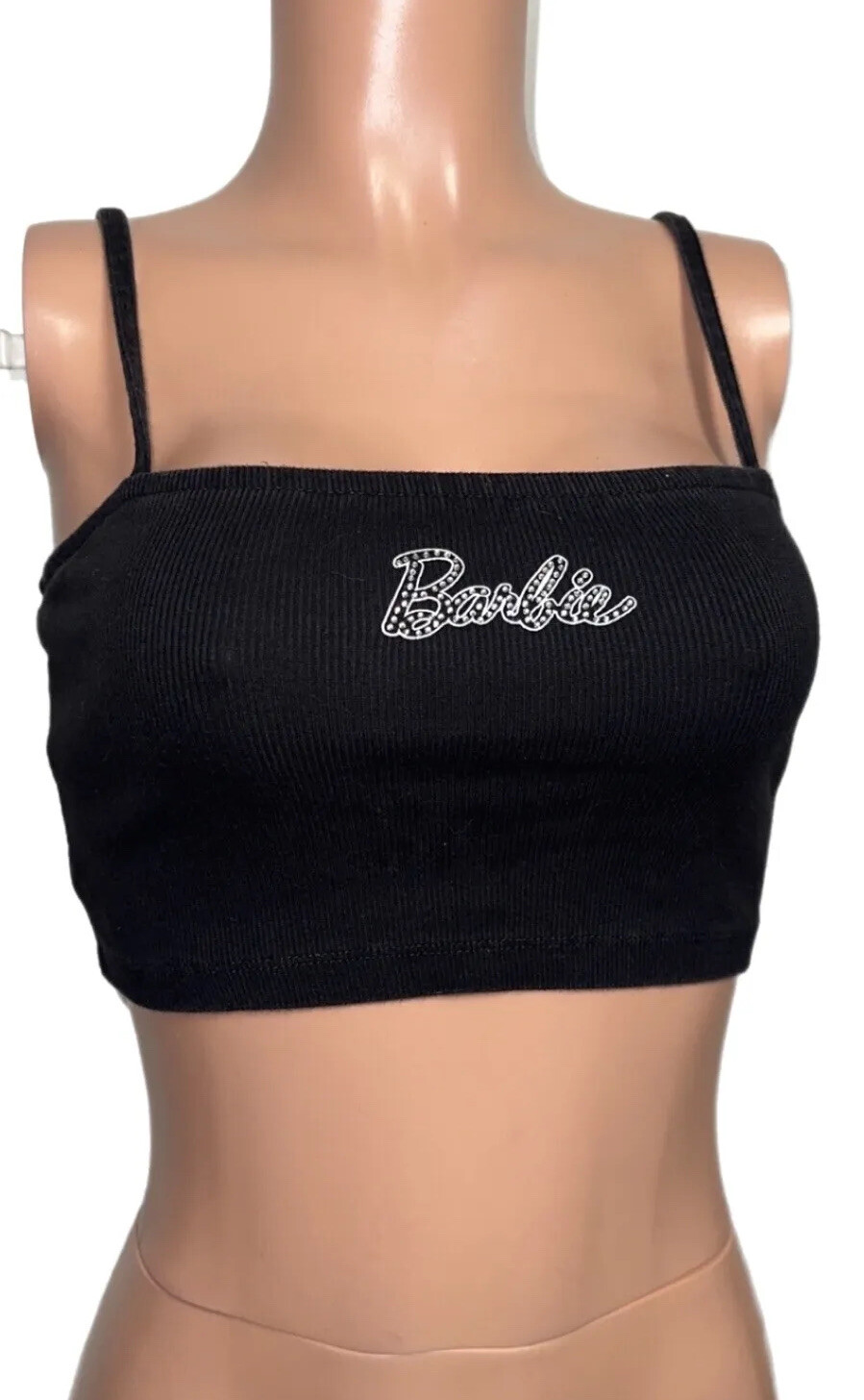 Forever 21 Black embellished Rhinestone Logo Barbie Mattel 2020 crop Top S Great