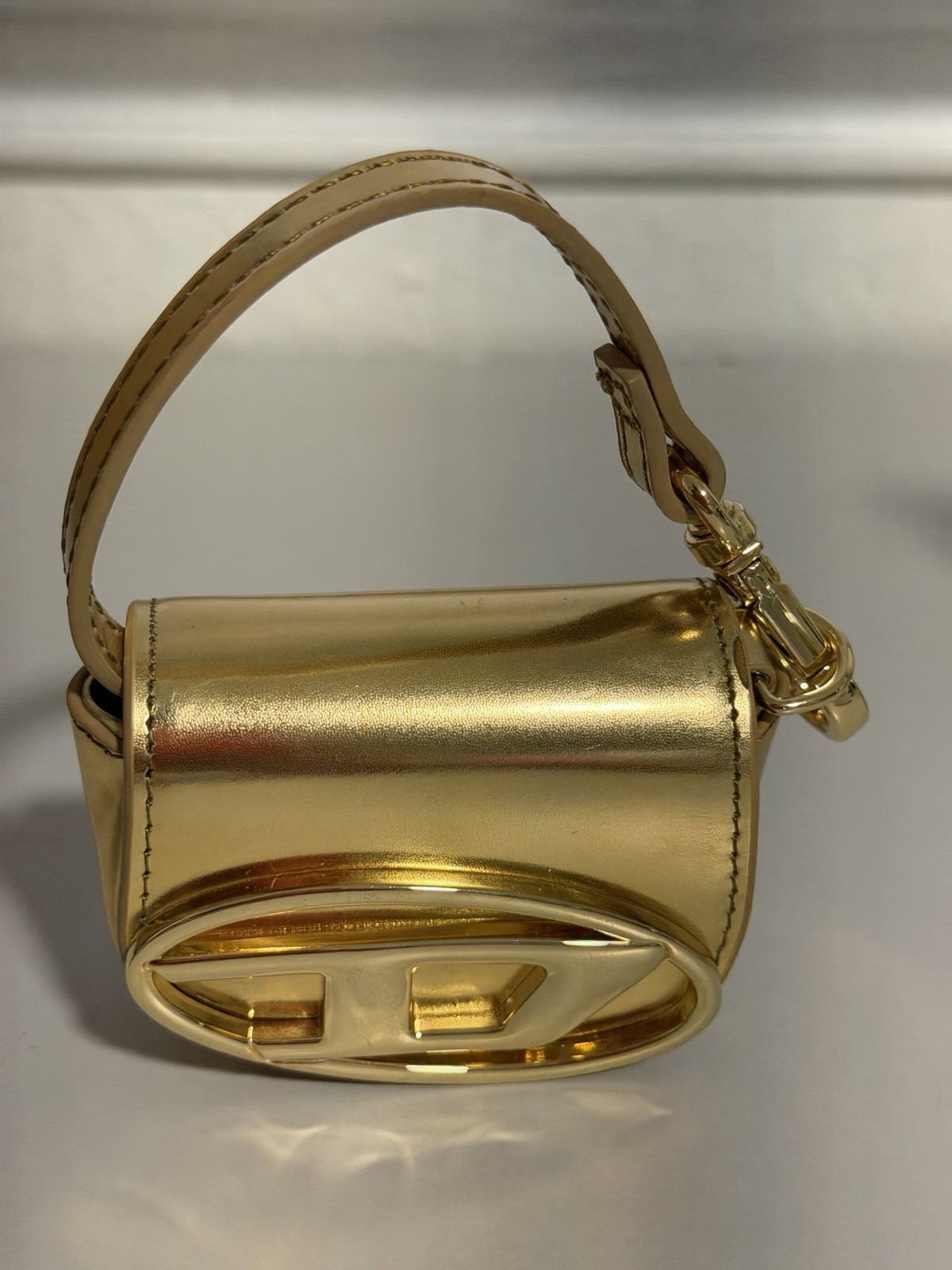 Diesel 1DR XS Leather Shoulder Bag Gold X08957 Auth