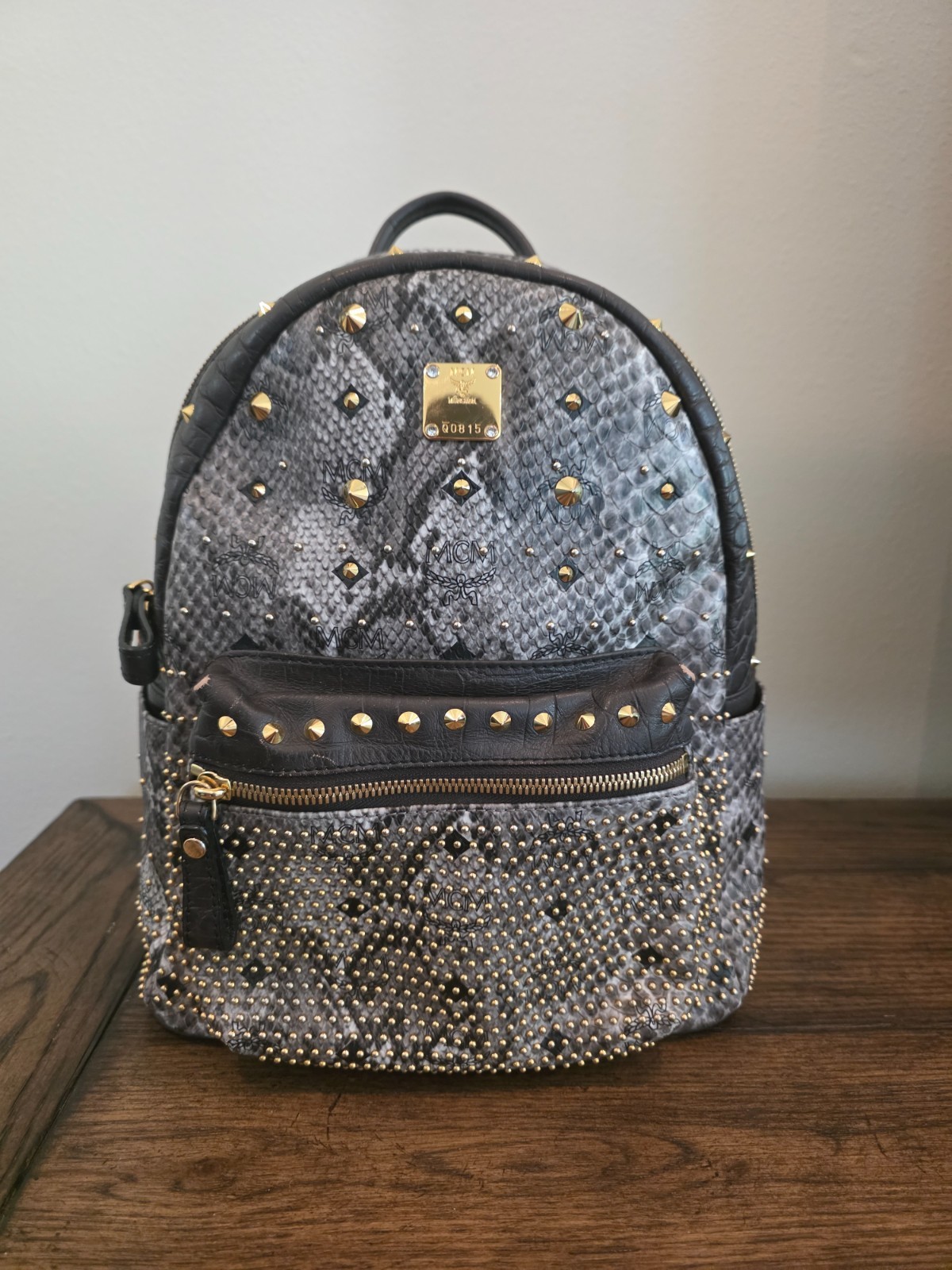 RARE MCM Stark Backpack Gray Python Print with Gold Studs MWK3SVG06EG001