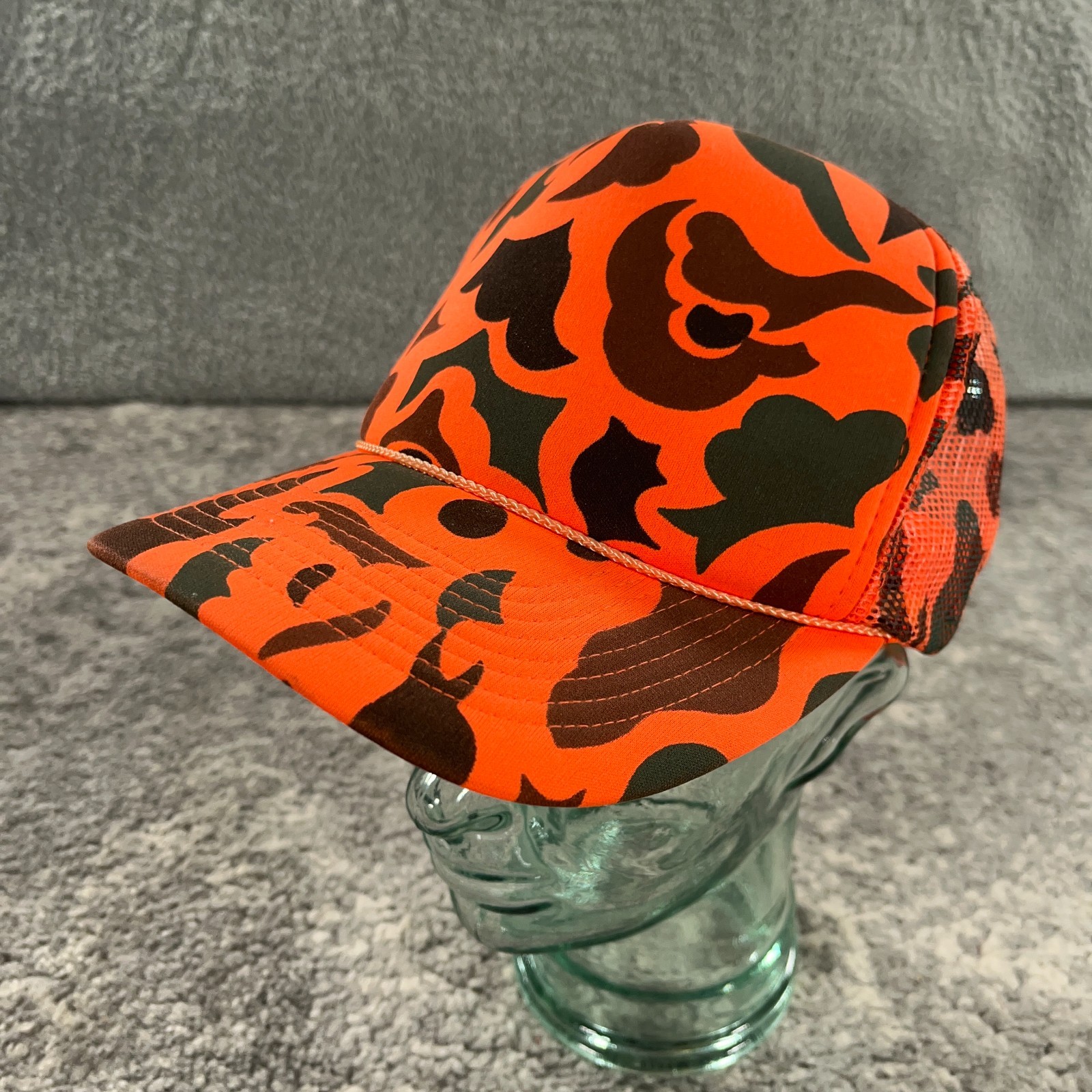 Vintage Trucker Hat Rope Cap Mens Snapback Safety Orange Camouflage 90s Outdoor