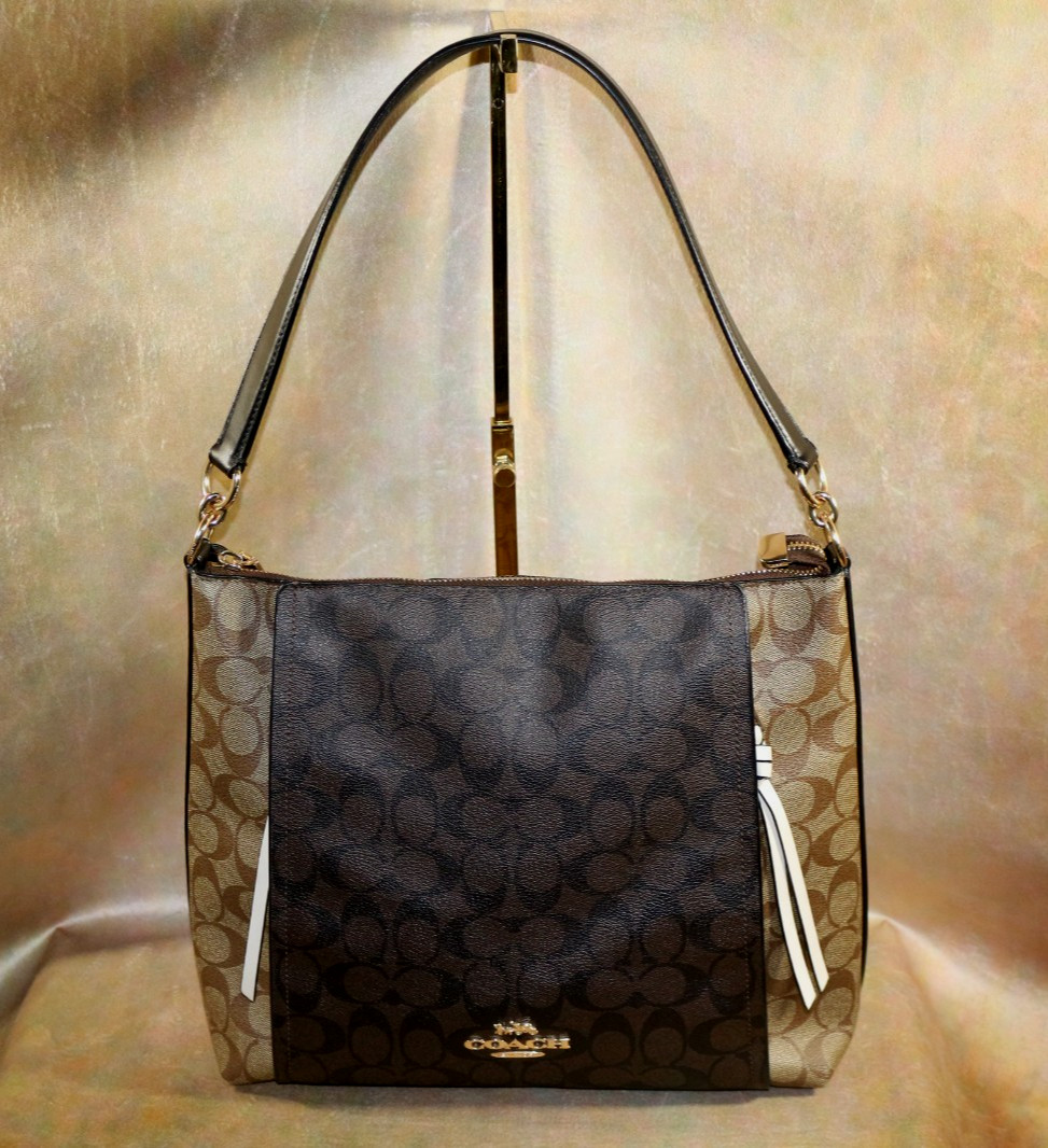 COACH SLIMLINE SIGNATURE C, LT & DK BROWN, BLACK ACCENTS, TWO SIDE ZIPPERS