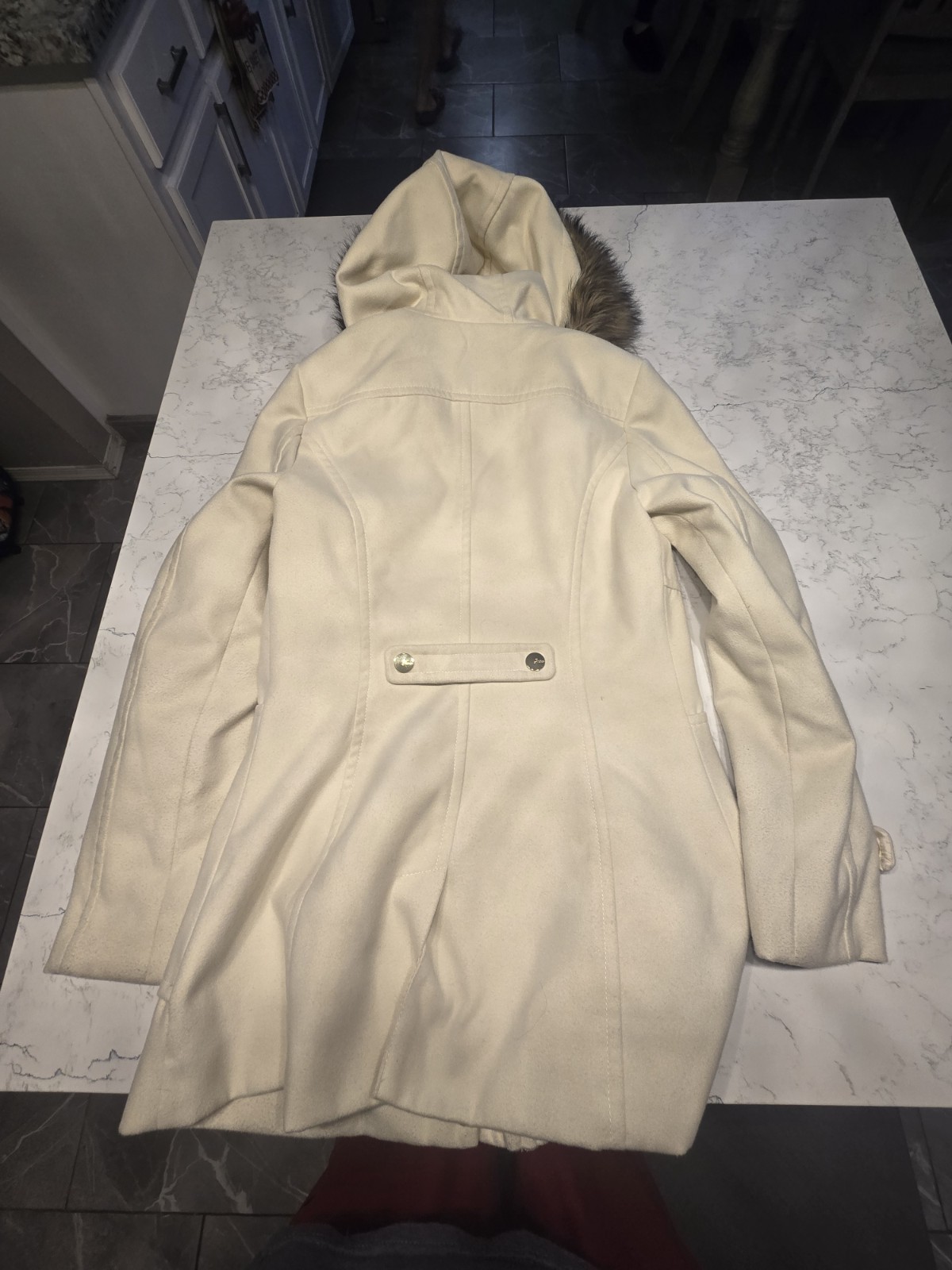 GUESS Women Cream Duffle Peacoat Jacket Hooded Faux FurToggle Winter Coat Size M