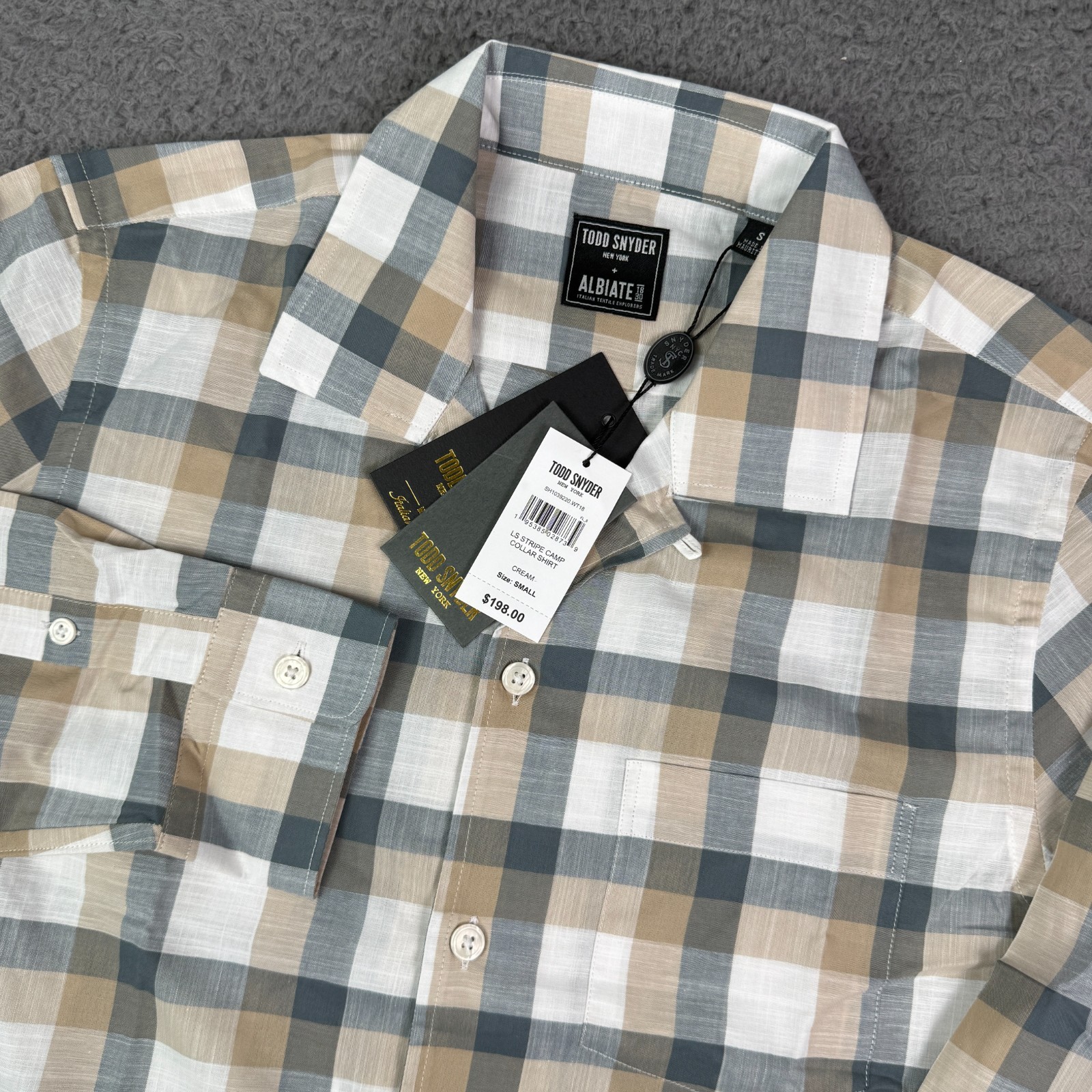Todd Snyder Shirt Mens S Cream Gray Camp Loop Collar Plaid Striped Albiate NEW